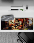 Cozy warm orange and deep red anime girl mouse pad 32x12 inches with soft lamp-lit studio vibes.