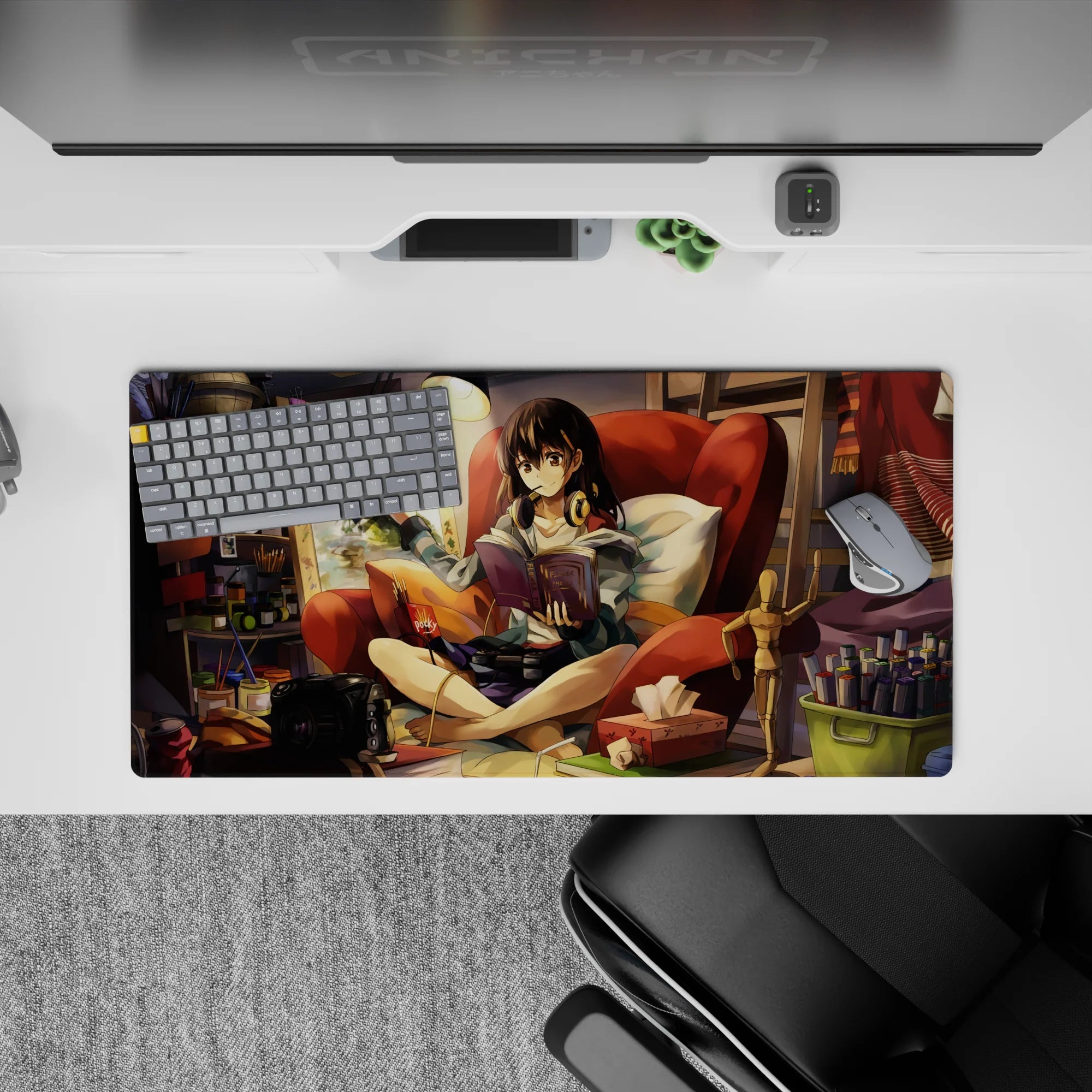 32x16 inches anime girl mouse pad in warm oranges and deep reds, soft lamplight, calm creative vibe.