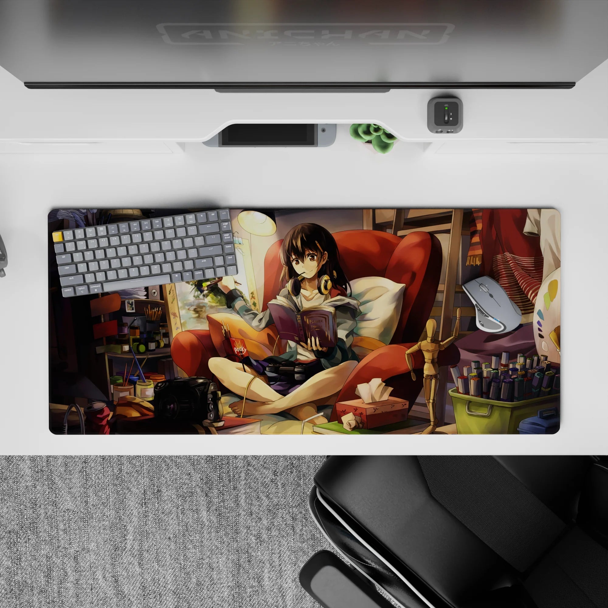 Warm orange-red anime desk pad 36x16 inches with soft lamp glow and creative sketchy vibes.