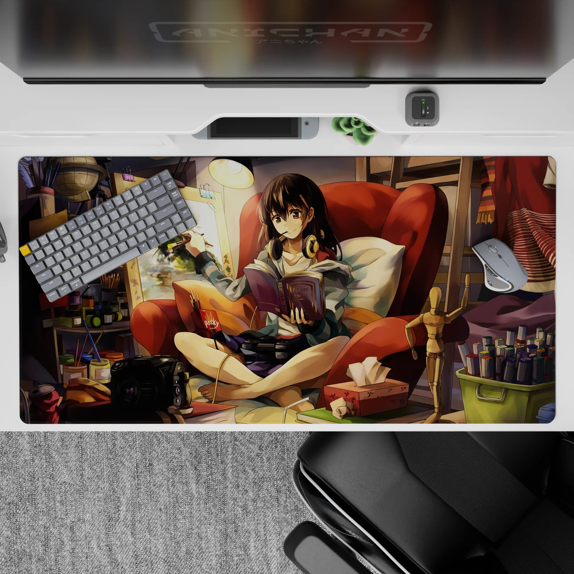 Cozy warm-toned anime desk pad 40x20 inches in soft oranges and deep reds, creative clutter vibe.