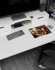 Brunette anime girl lounging in a red chair with headphones, book, and studio clutter mouse pad 14x10 inches.