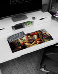 28x12 inches anime girl mouse pad featuring brunette girl lounging in a red chair, reading and painting.