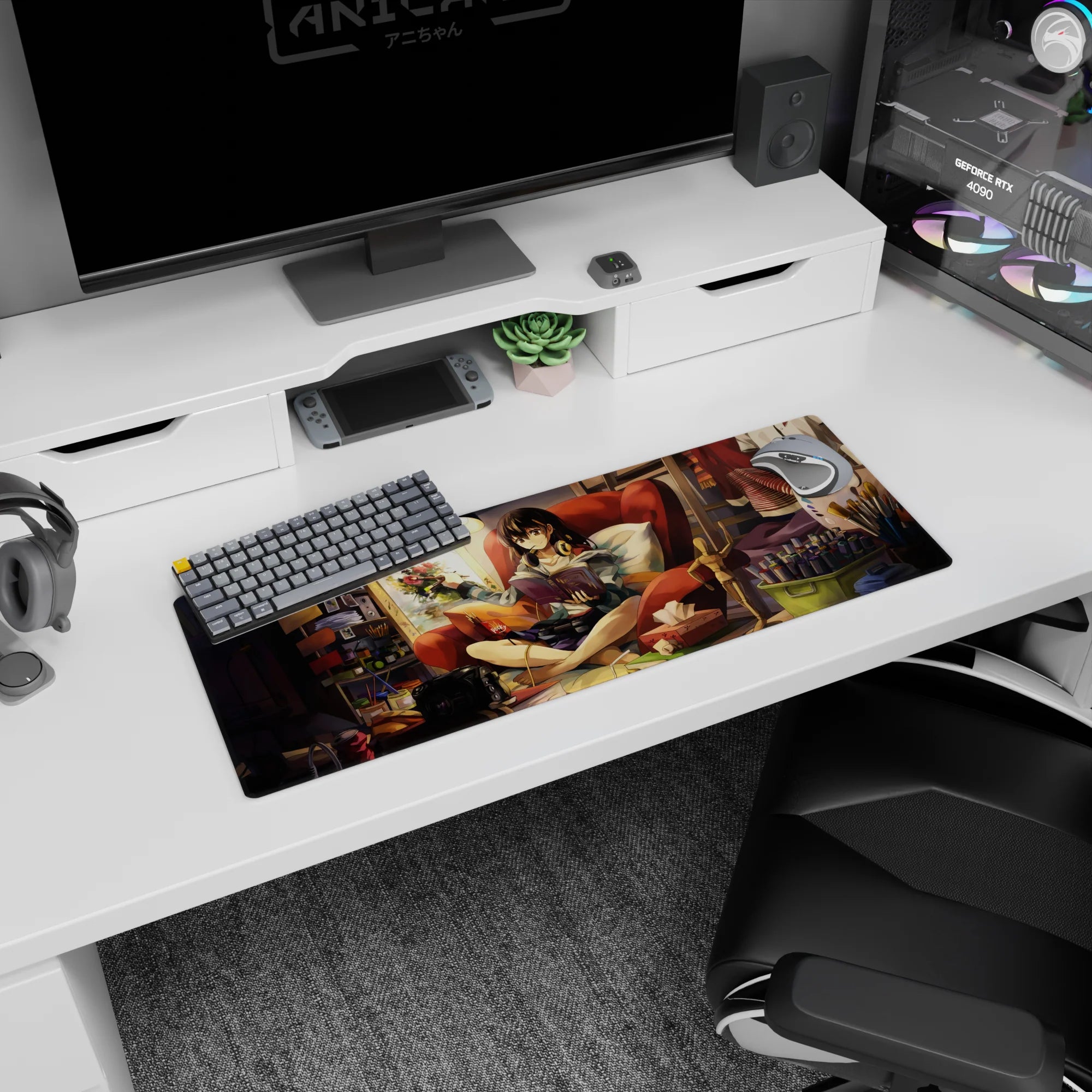 Brunette anime girl lounging in a red chair, reading and painting, on a 32x12 inches desk mouse pad.