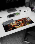 Brunette anime girl lounging in a red chair, reading and painting, on a 32x12 inches desk mouse pad.