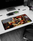 32x16 inches anime girl mouse pad showing brunette with headphones, reading and painting in a cozy room.