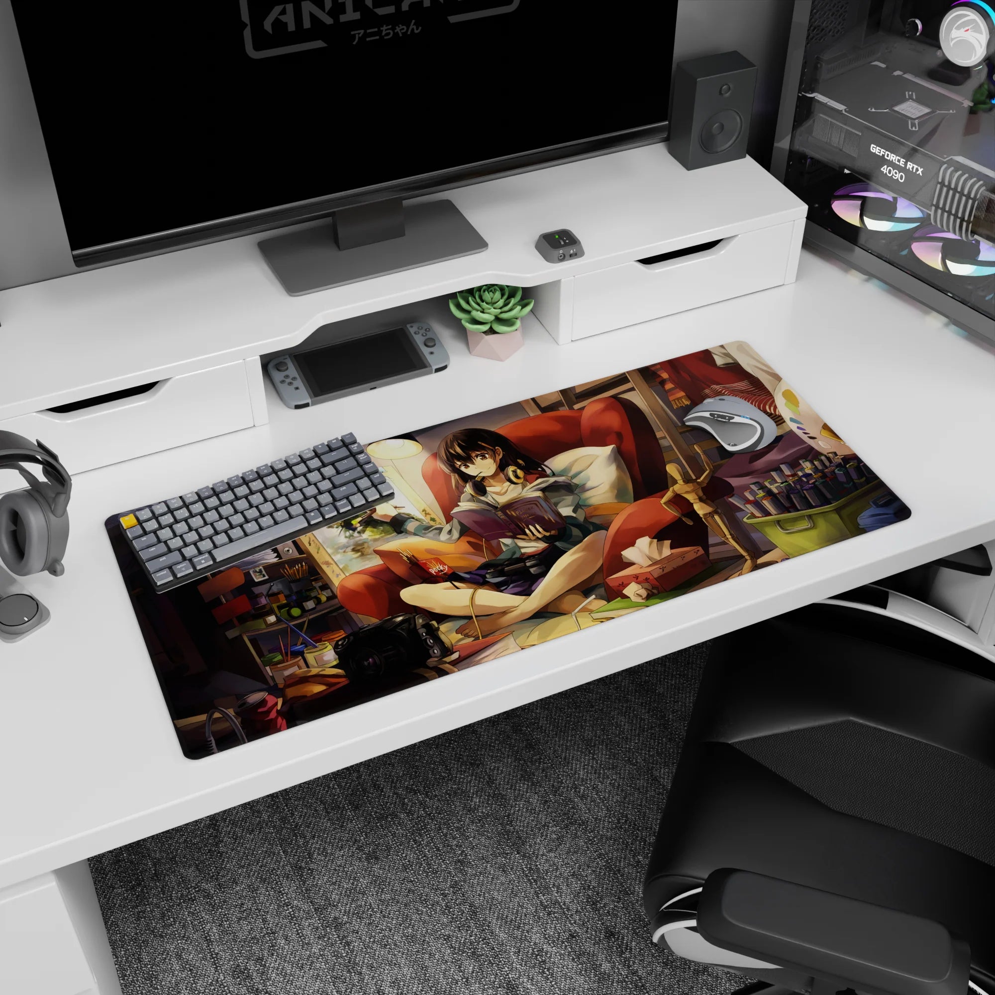 Brunette anime girl lounging with headphones, reading and painting on a 36x16 inches desk pad.