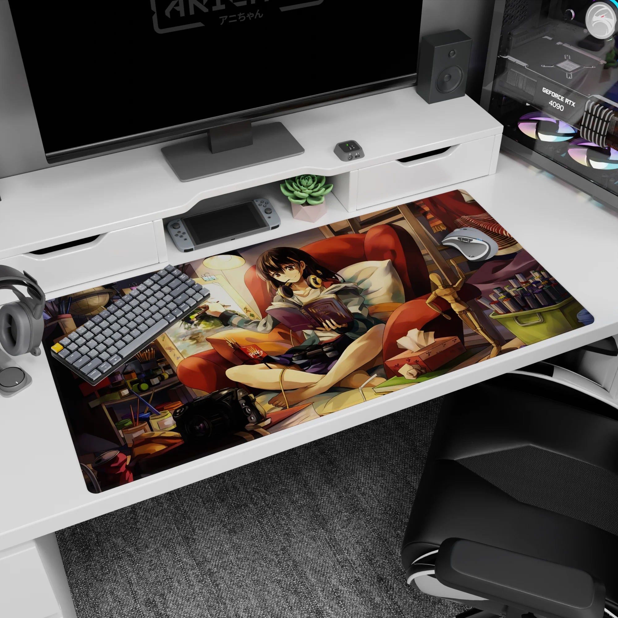 Brunette anime girl lounging with headphones, reading and painting by lamp on a 40x20 inches desk pad.