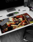 Brunette anime girl lounging with headphones, reading and painting by lamp on a 40x20 inches desk pad.