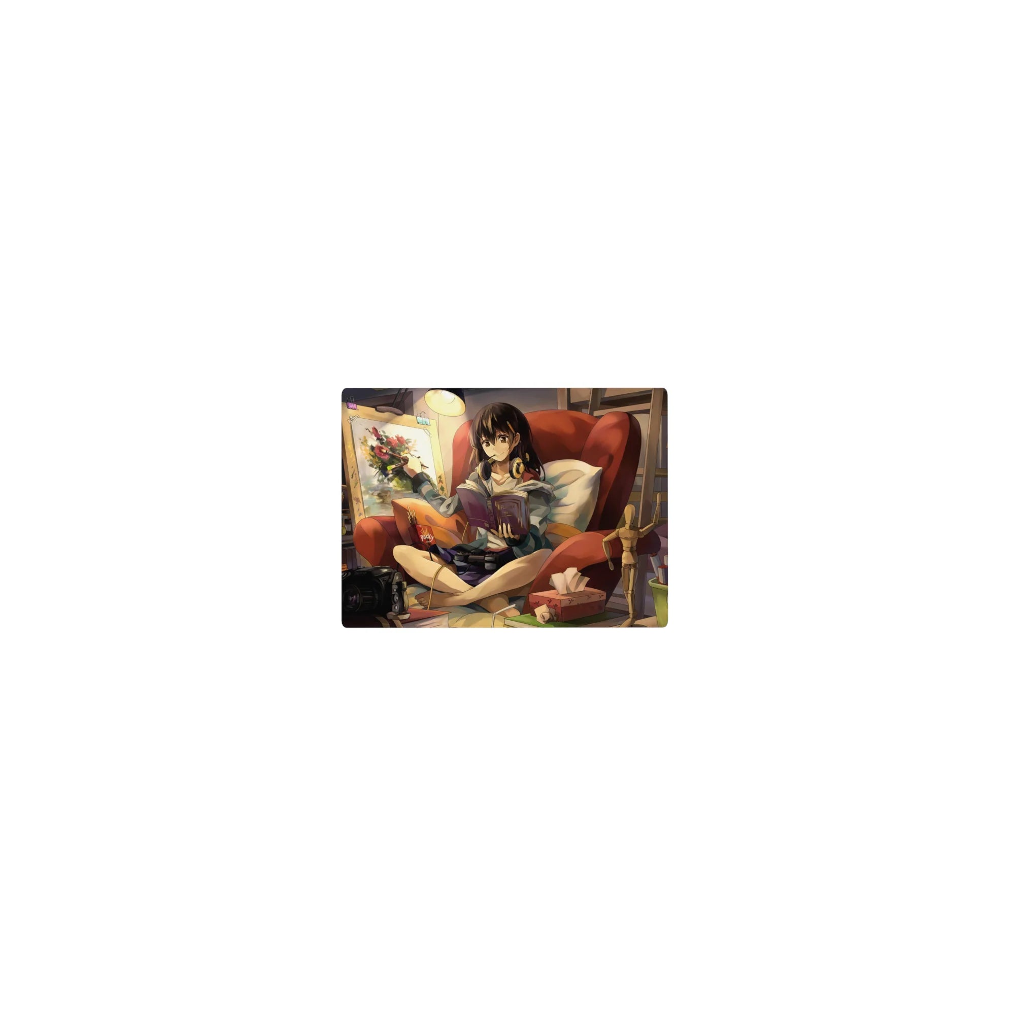 Classic anime girl mouse pad 14x10 inches, brunette in red chair with book, paintbrush, and headphones.