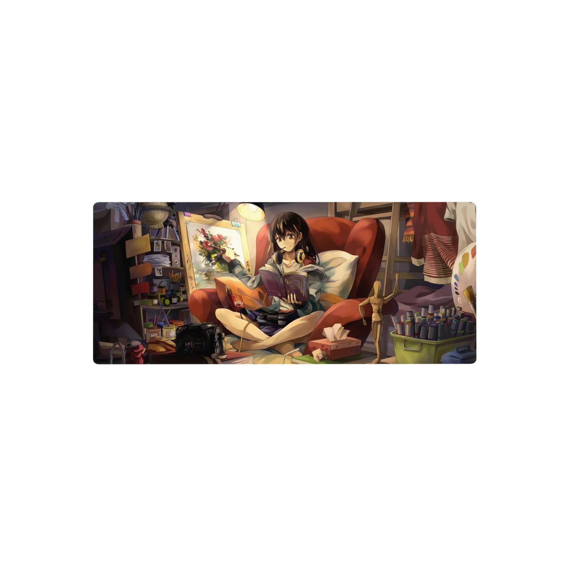 28x12 inches anime girl mouse pad with cozy studio scene, red chair, book, paintbrush, and headphones.