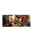 28x12 inches anime girl mouse pad with cozy studio scene, red chair, book, paintbrush, and headphones.