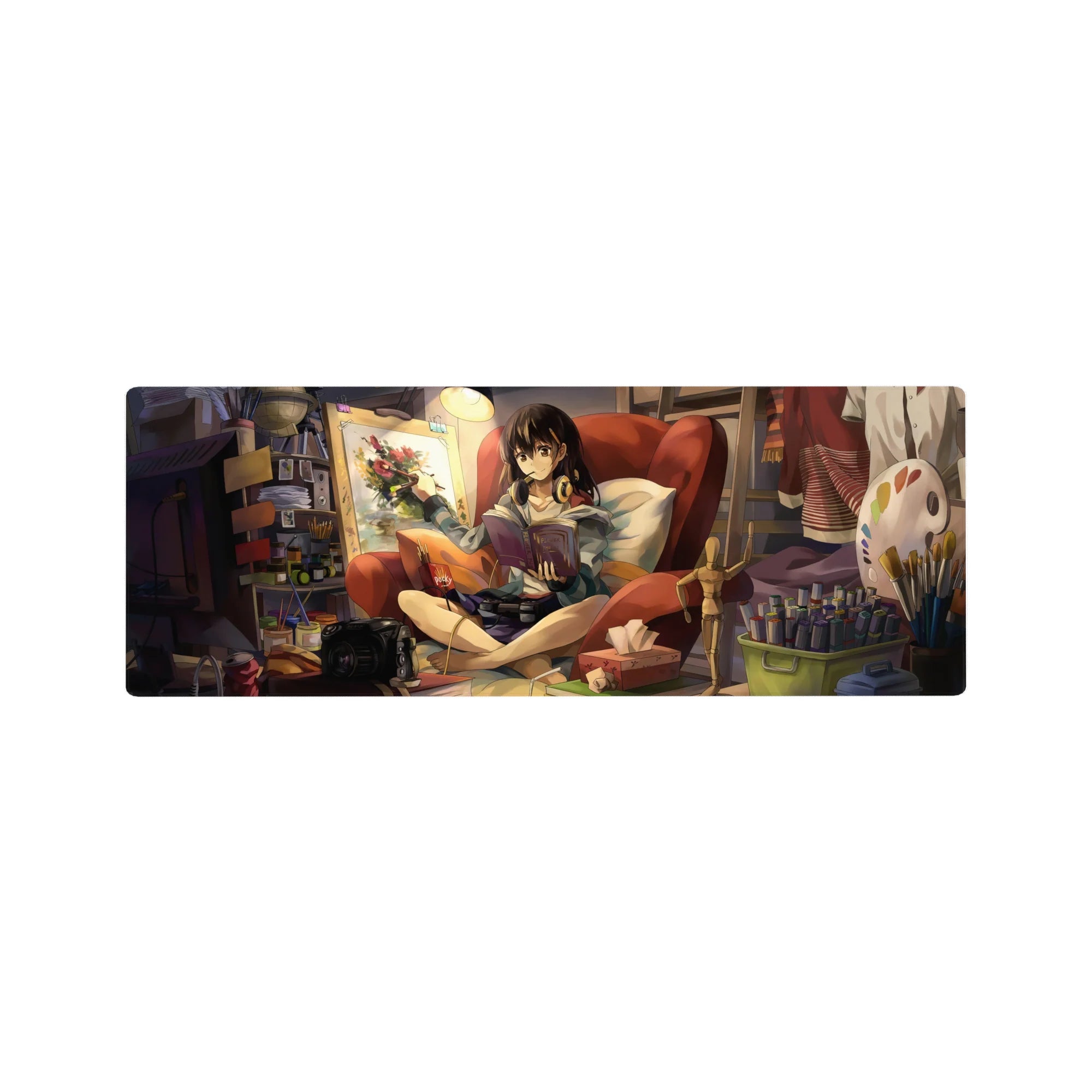 Anime girl mouse pad 32x12 inches featuring brunette in red chair with book, headphones, and paintbrush.