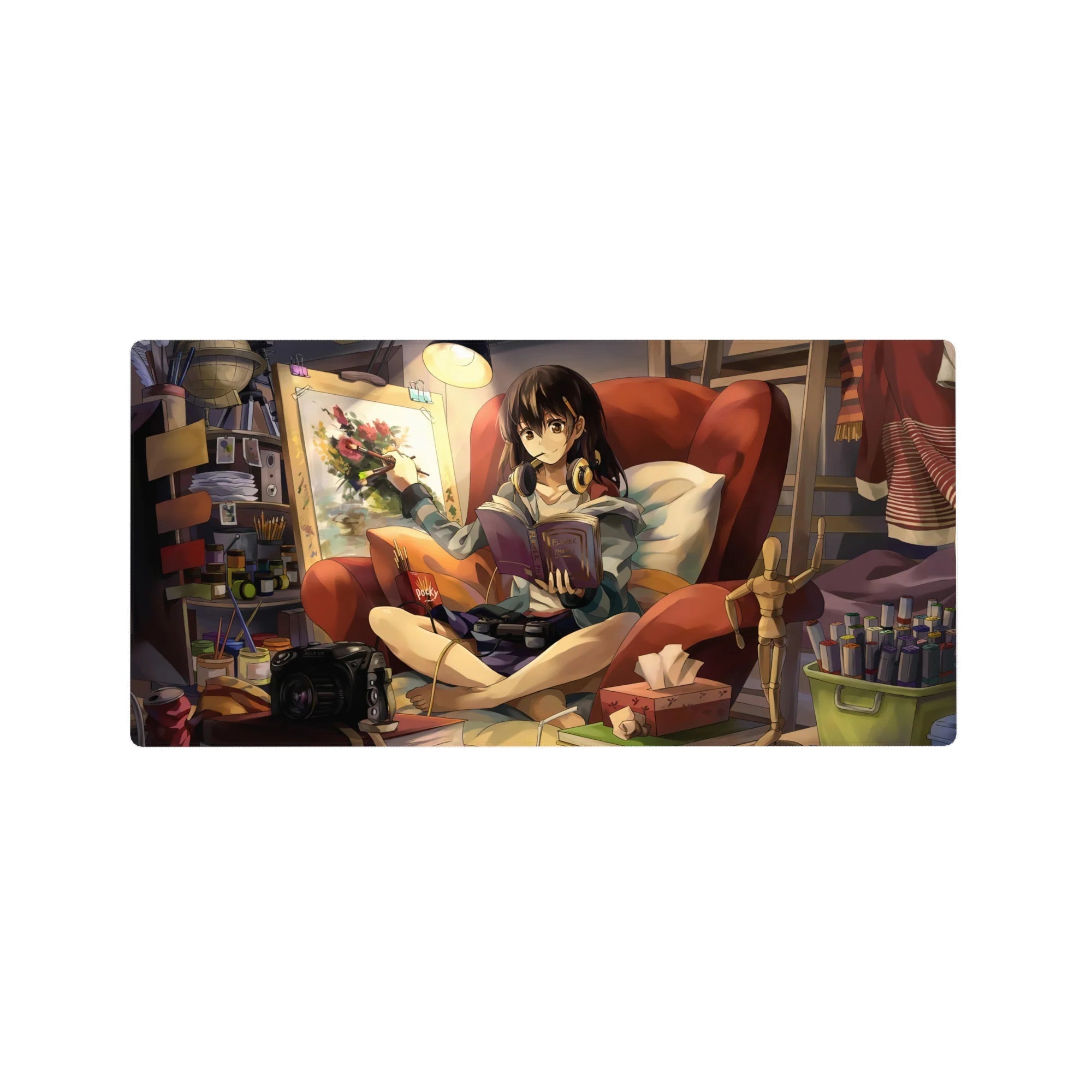 32x16 inches anime girl mouse pad with cozy brunette in red chair, book, paintbrush, and studio clutter.