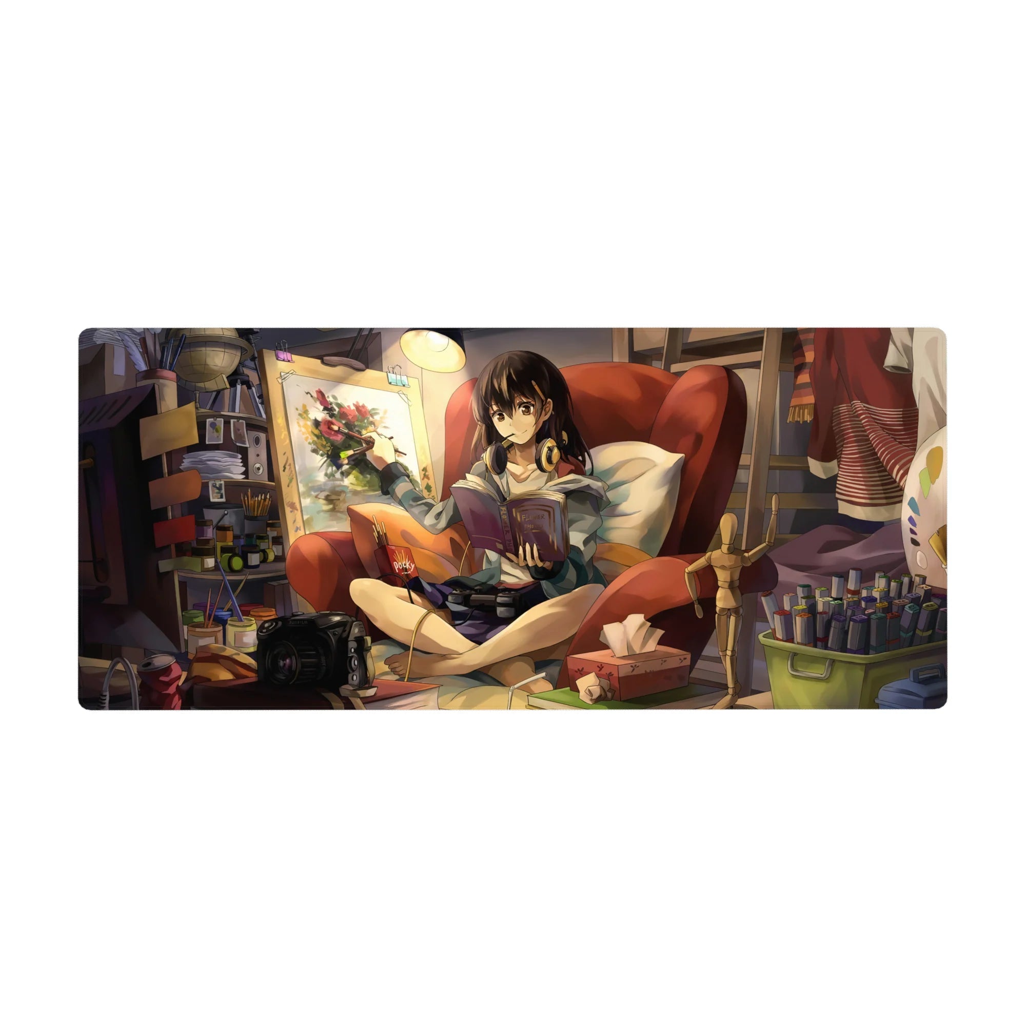 Cozy anime girl desk pad 36x16 inches with red chair, book, paintbrush, and studio clutter.