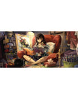 Cozy anime girl desk pad 36x16 inches with red chair, book, paintbrush, and studio clutter.