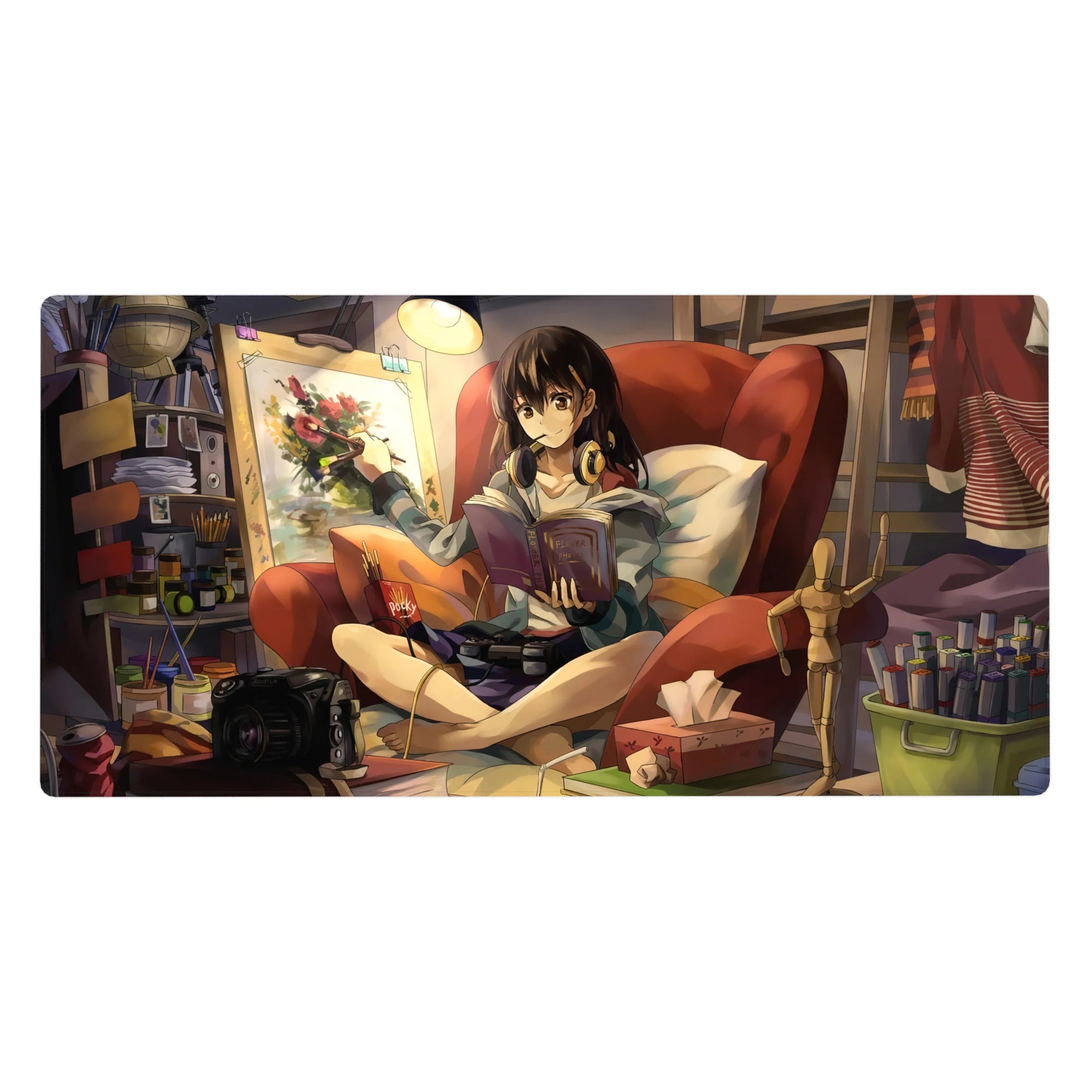 Anime girl desk pad 40x20 inches with brunette artist in red chair, book and paintbrush, studio desk scene.