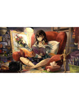 Anime girl desk pad 40x20 inches with brunette artist in red chair, book and paintbrush, studio desk scene.