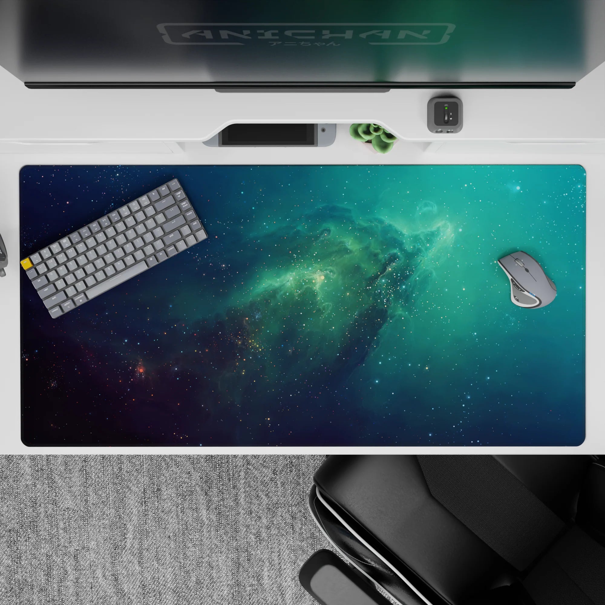 Teal and ocean-blue desk pad 40x20 inches with calming inky shadows and soft green clouds.