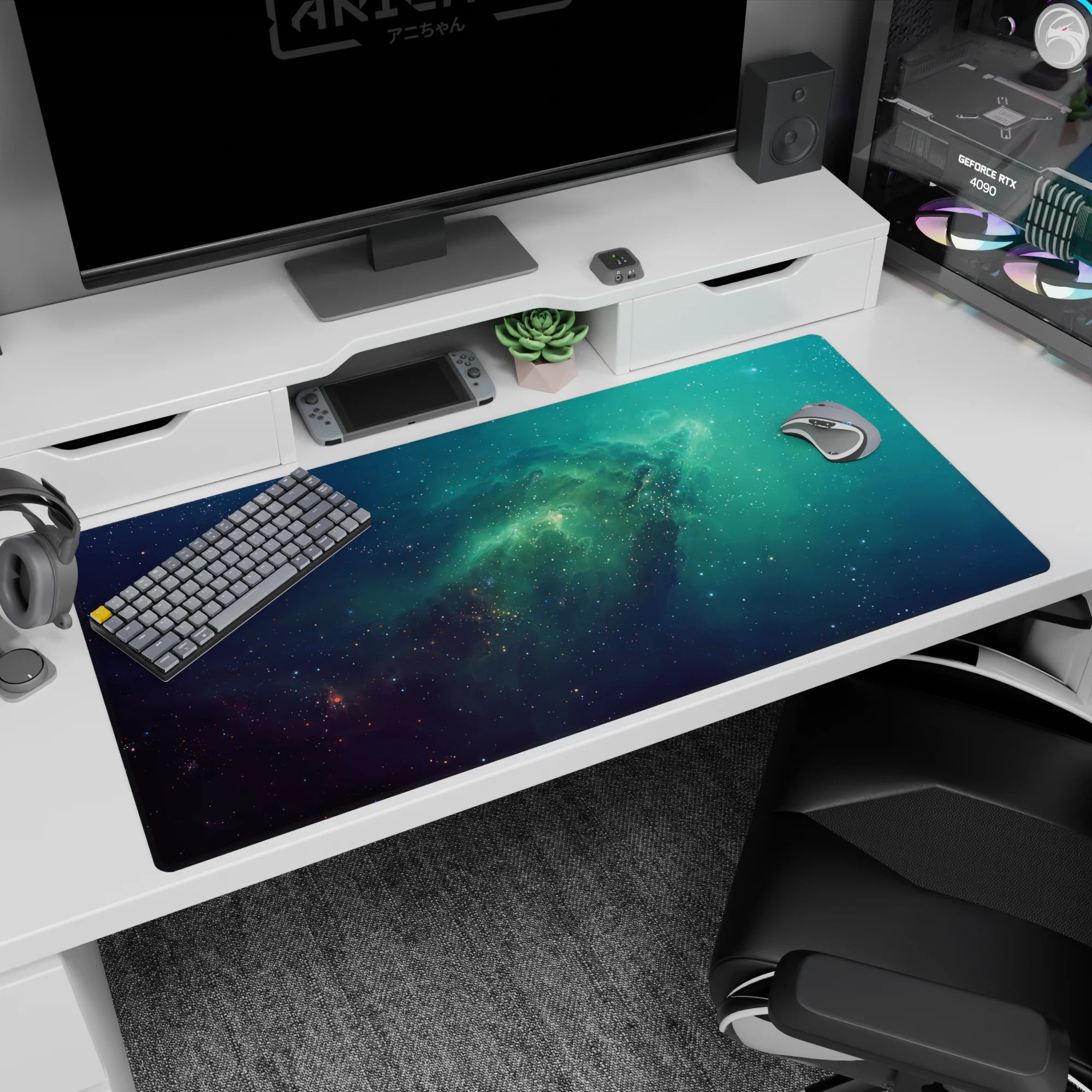 Deep space starfield desk pad 40x20 inches showing drifting nebula clouds and scattered stardust.