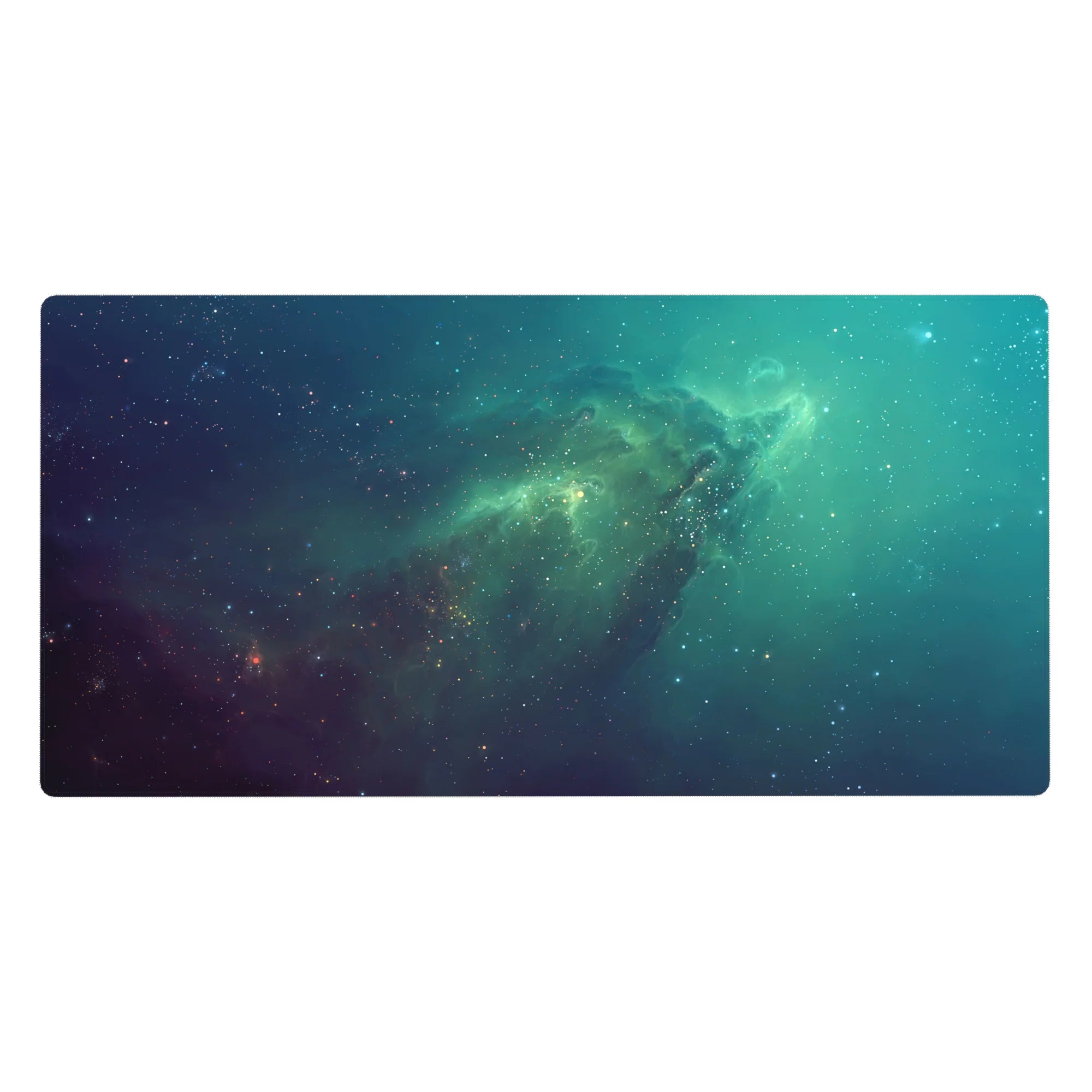 Nebula galaxy desk pad 40x20 inches with misty space gradient and tiny star specks.