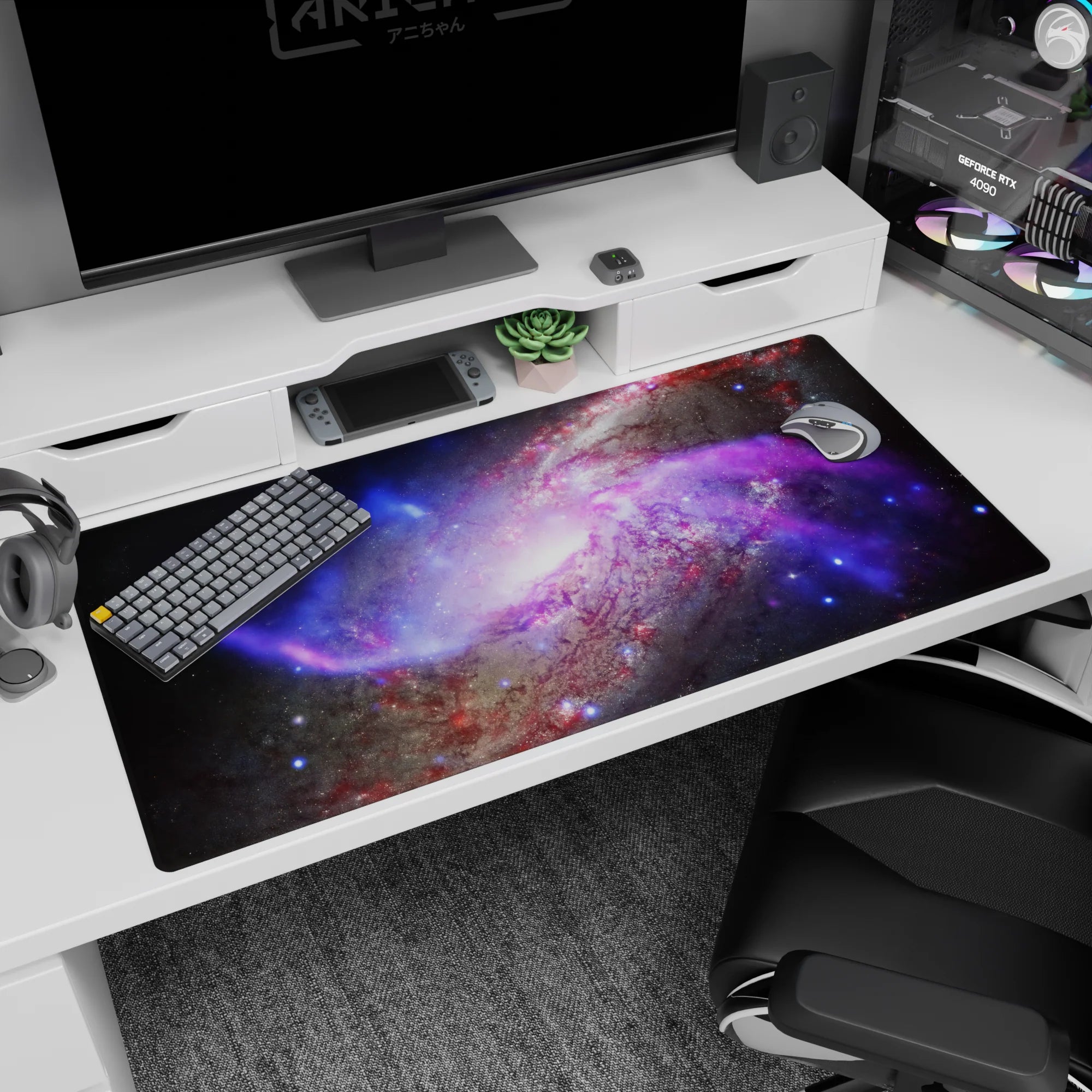 Glowing portal core scene desk pad 40x20 inches with swirling nebula bands and tiny stars.
