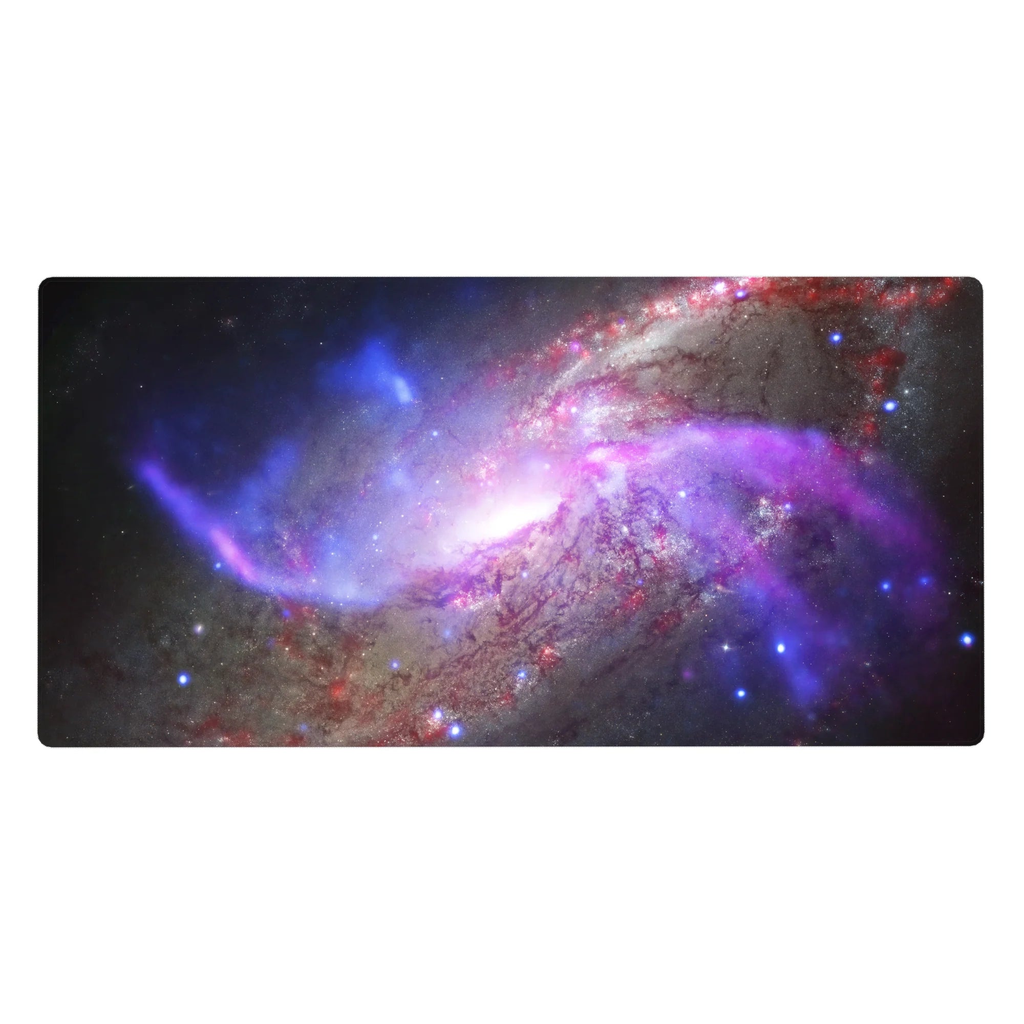 Galaxy nebula desk pad 40x20 inches with charcoal space swirls, star specks, and glowing core.