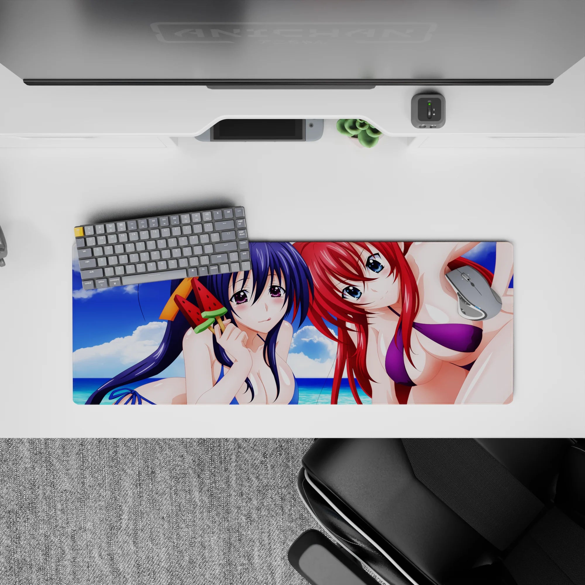 High School DxD mouse pad, 32x12 inches, featuring Akeno and Rias in vibrant swimwear on a sunny beach with ocean breeze.