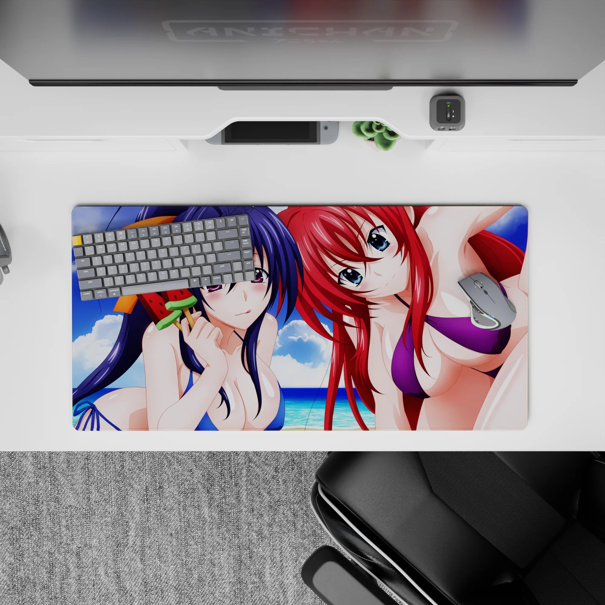 Anime mouse pad 32x16 inches featuring Akeno and Rias from High School DxD in vibrant swimwear on a beach day.