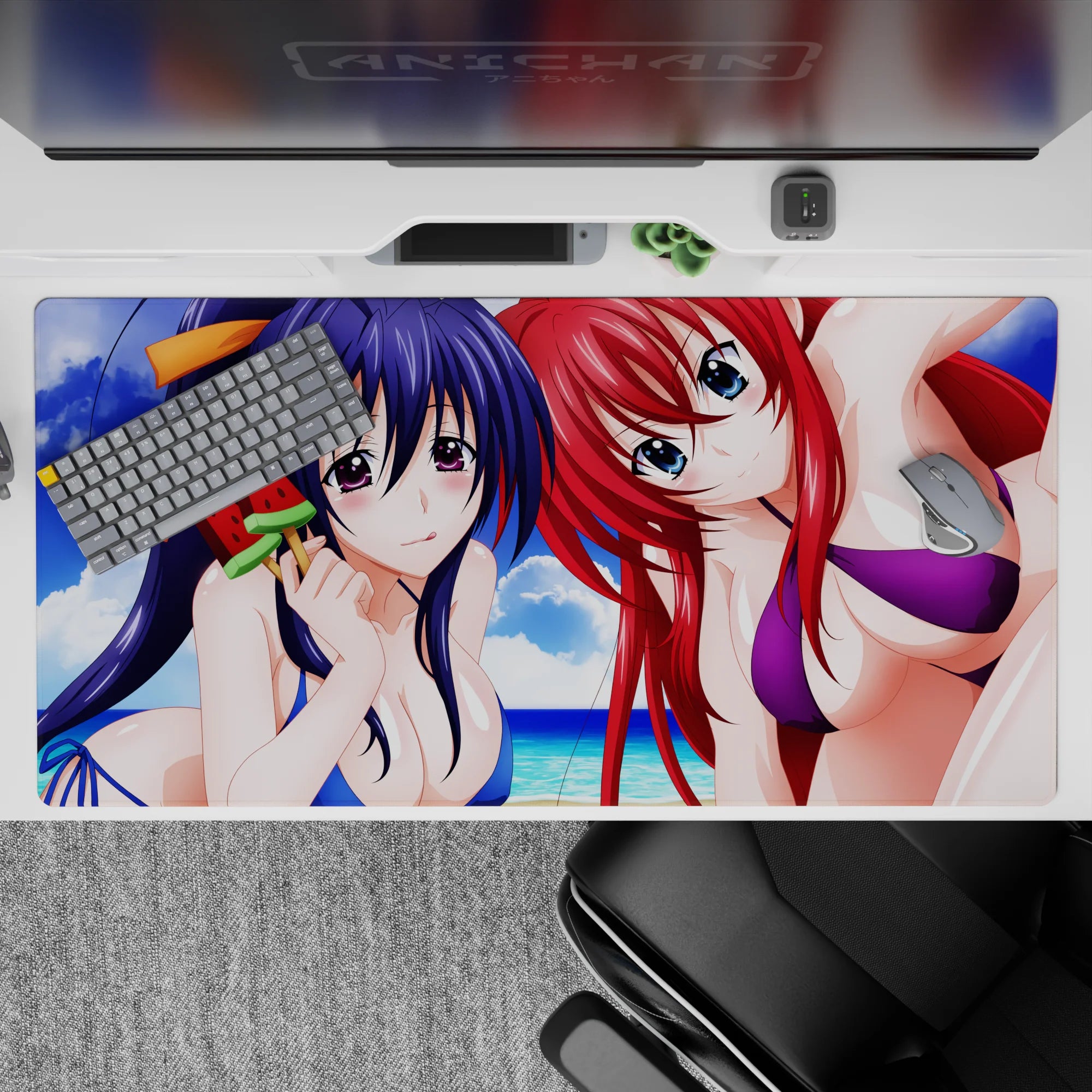 Beach day anime desk pad featuring Akeno and Rias from High School DxD, size 40x20 inches, vibrant summer colors.