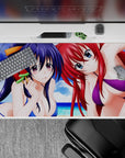 Beach day anime desk pad featuring Akeno and Rias from High School DxD, size 40x20 inches, vibrant summer colors.