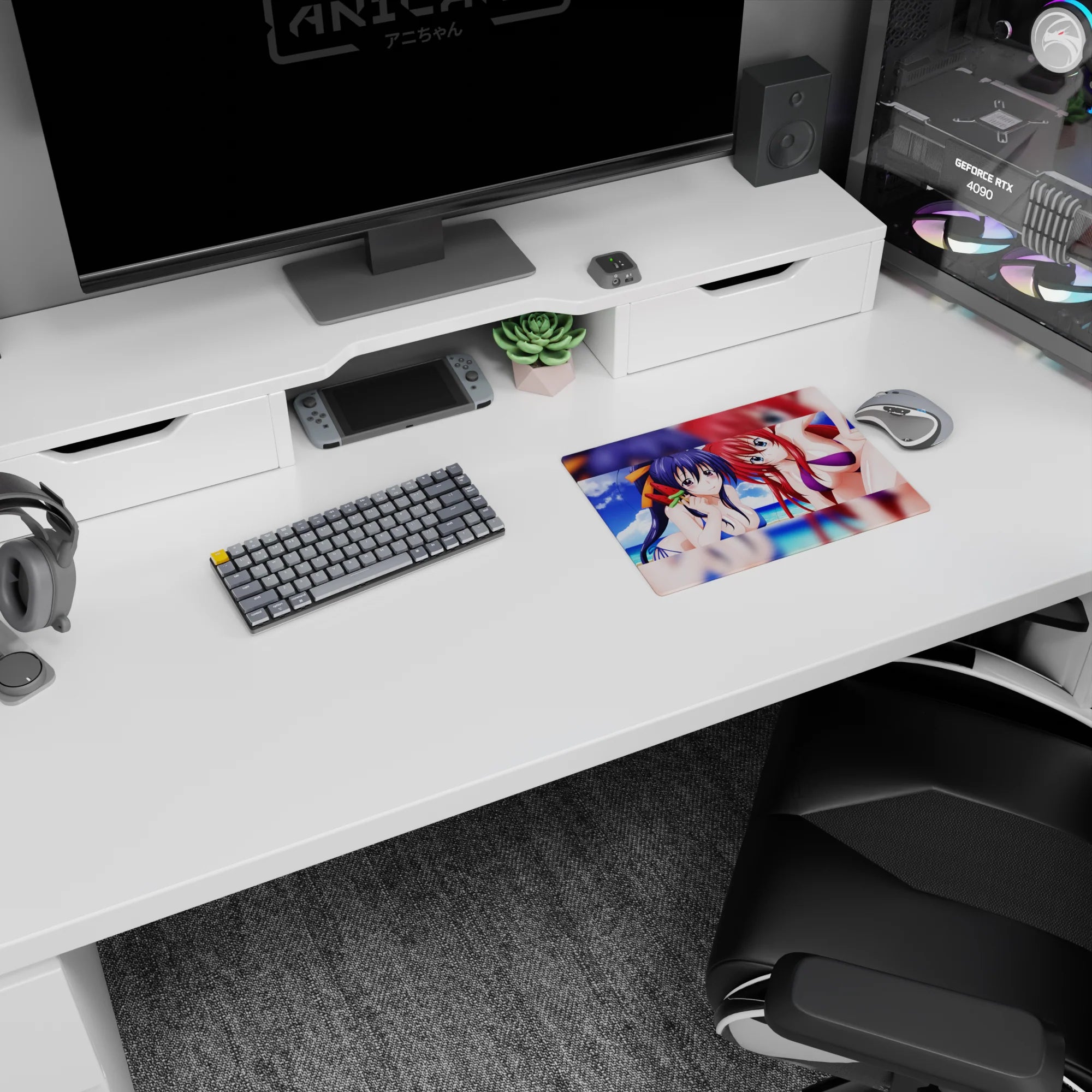 High School DxD mouse pad 14x10 inches featuring Akeno and Rias on a beach day, vibrant colors and summer vibes.