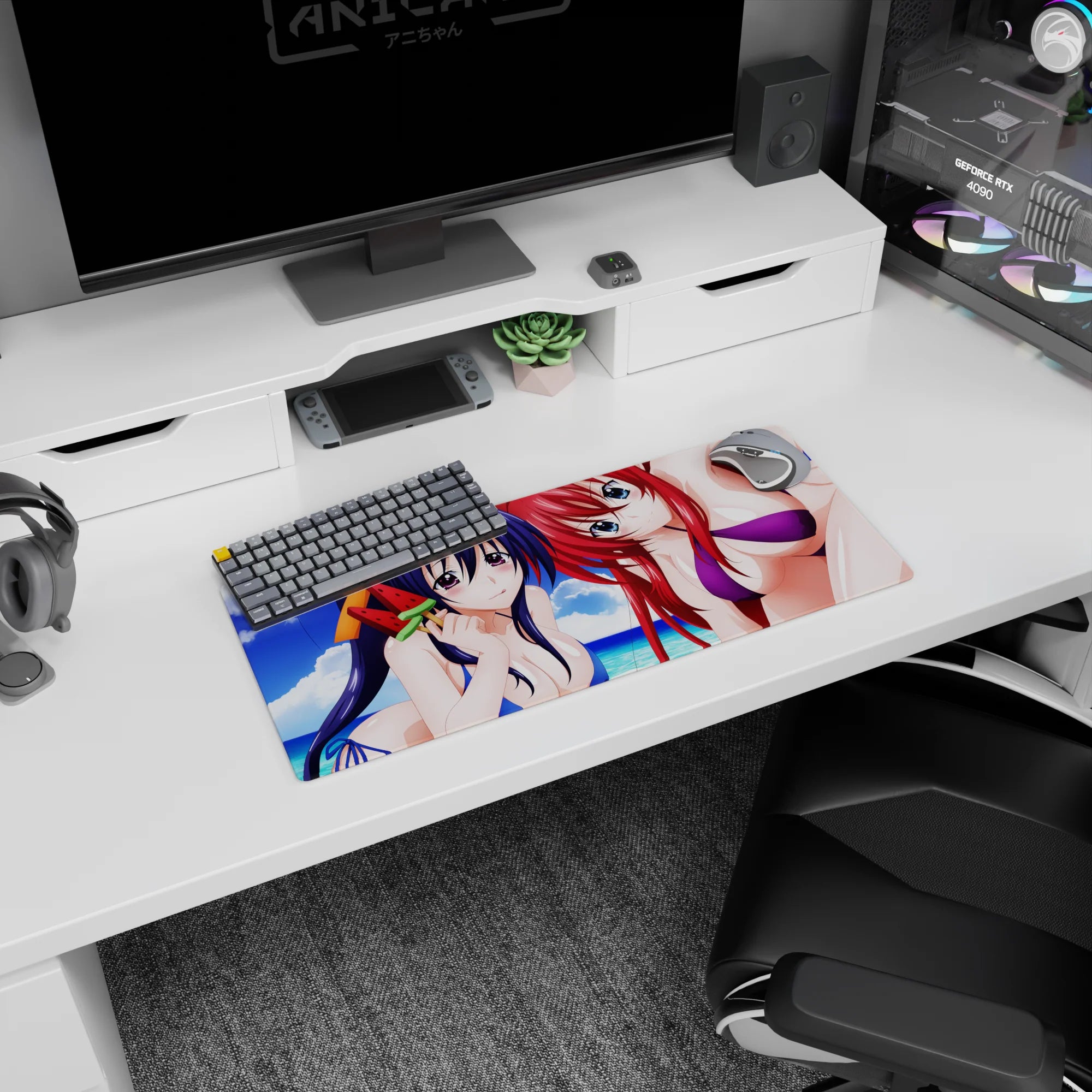 Anime mouse pad 28x12 inches featuring Akeno and Rias from High School DxD in vibrant swimwear on a sunny beach.