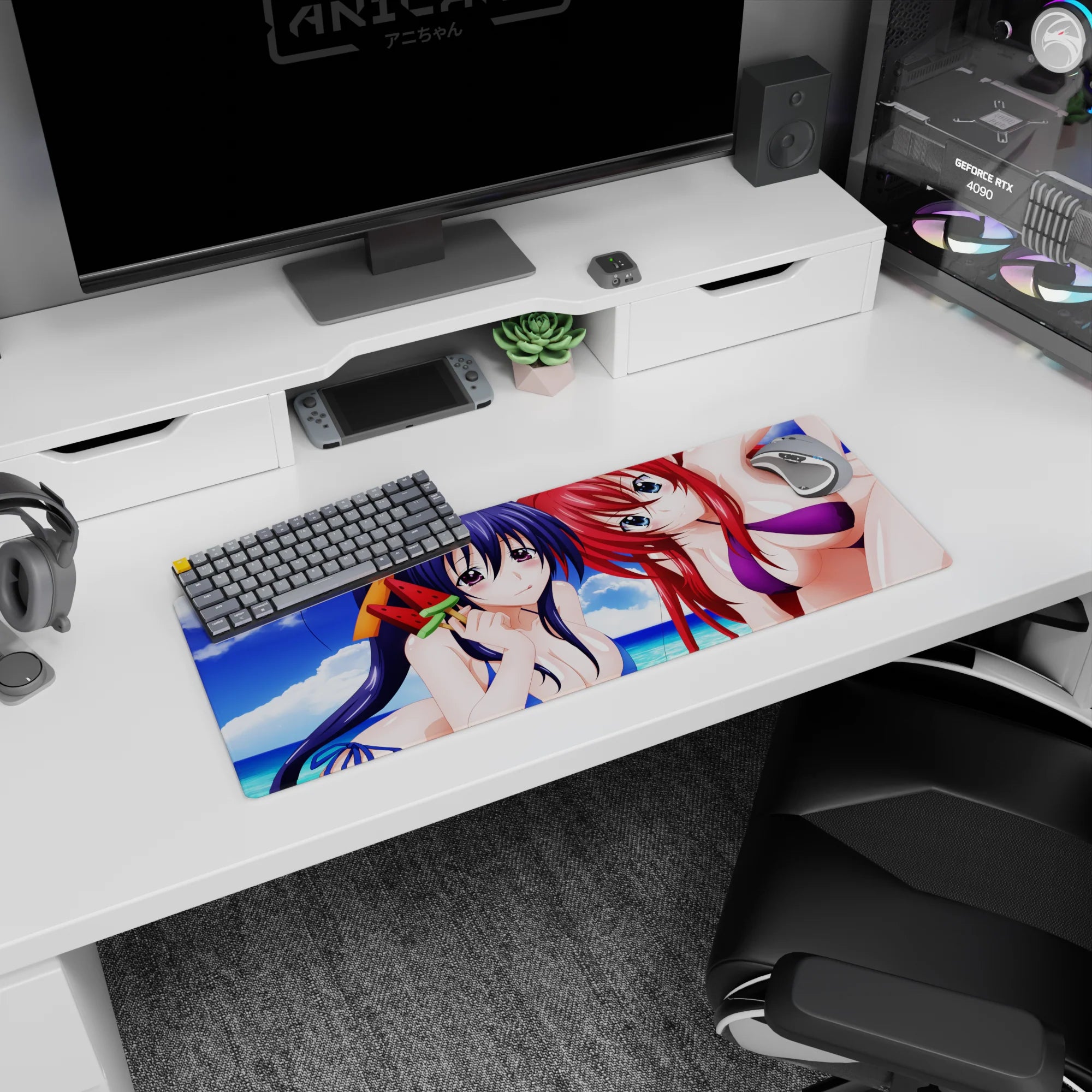 Beach-themed 32x12 inch mouse pad featuring Akeno and Rias from High School DxD in vibrant swimwear under blue skies.