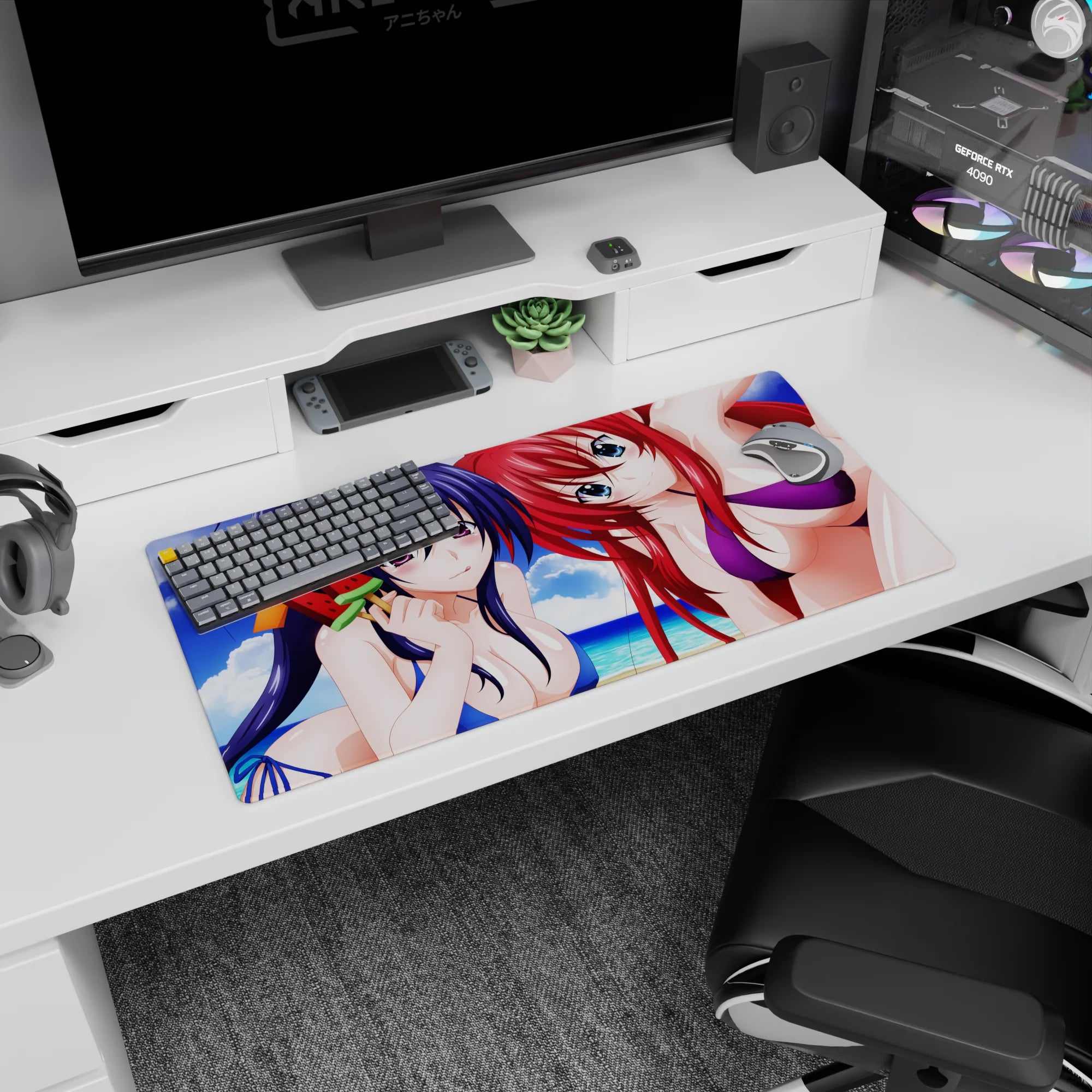 Anime mouse pad 32x16 inches featuring Akeno and Rias from High School DxD in vibrant swimwear, perfect for summer vibes.