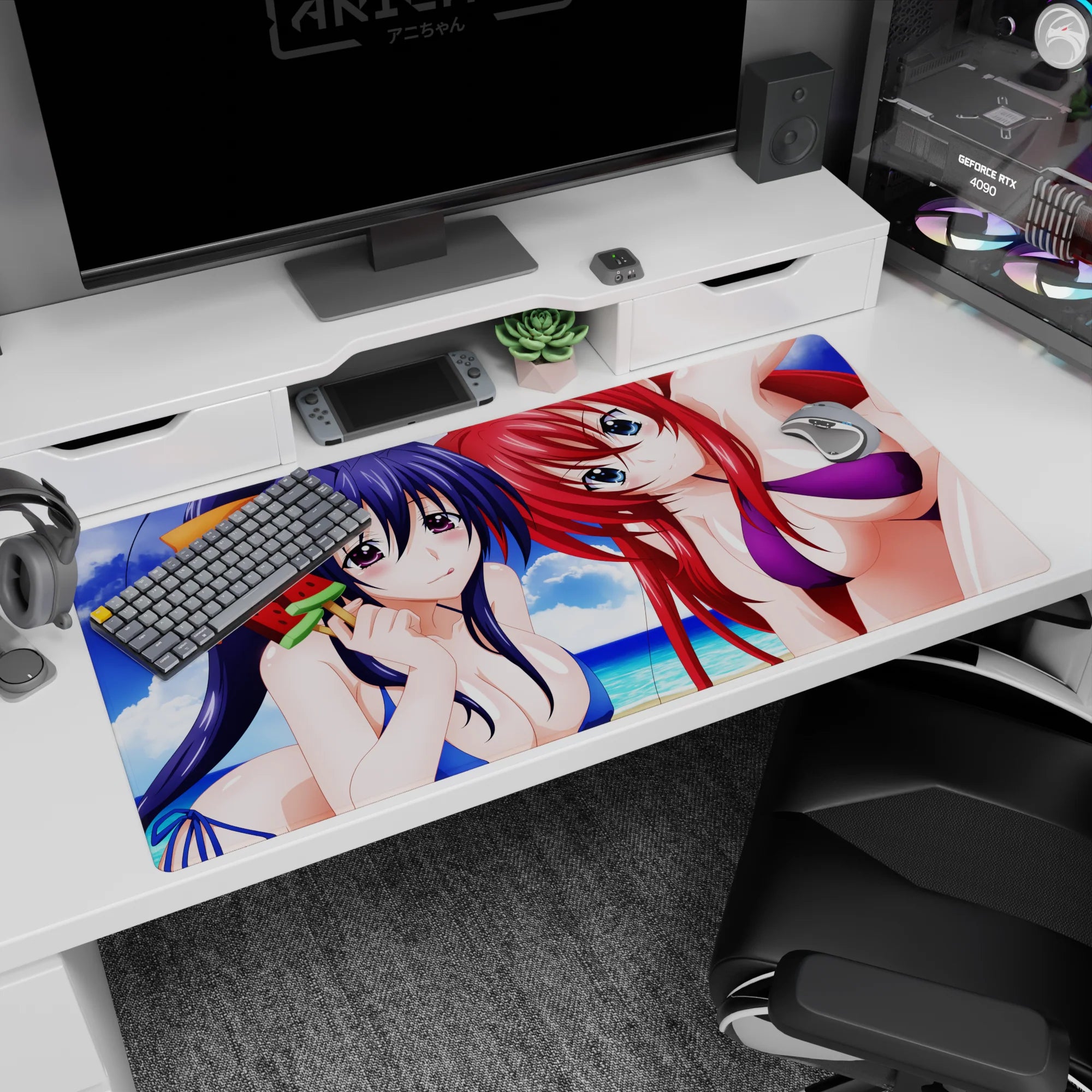 Anime mouse pad 40x20 inches featuring Akeno and Rias from High School DxD in vibrant swimwear on a beach day.