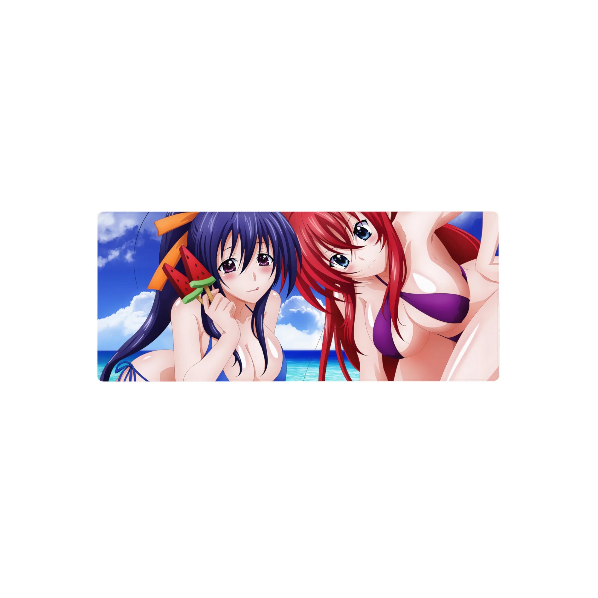 Anime mouse pad 28x12 inches featuring Akeno and Rias from High School DxD, vibrant colors and summer beach scene.