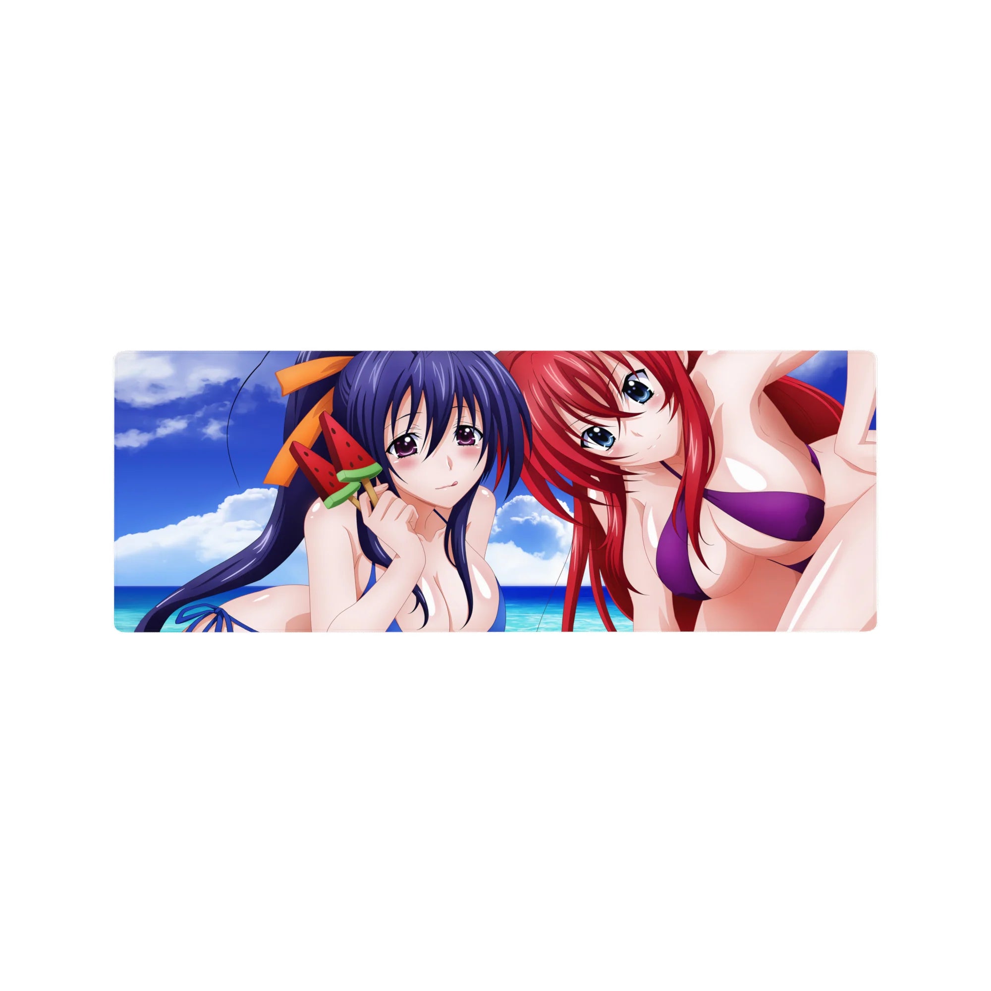 Anime mouse pad 32x12 inches featuring Akeno and Rias from High School DxD in vibrant swimwear, perfect for summer vibes.