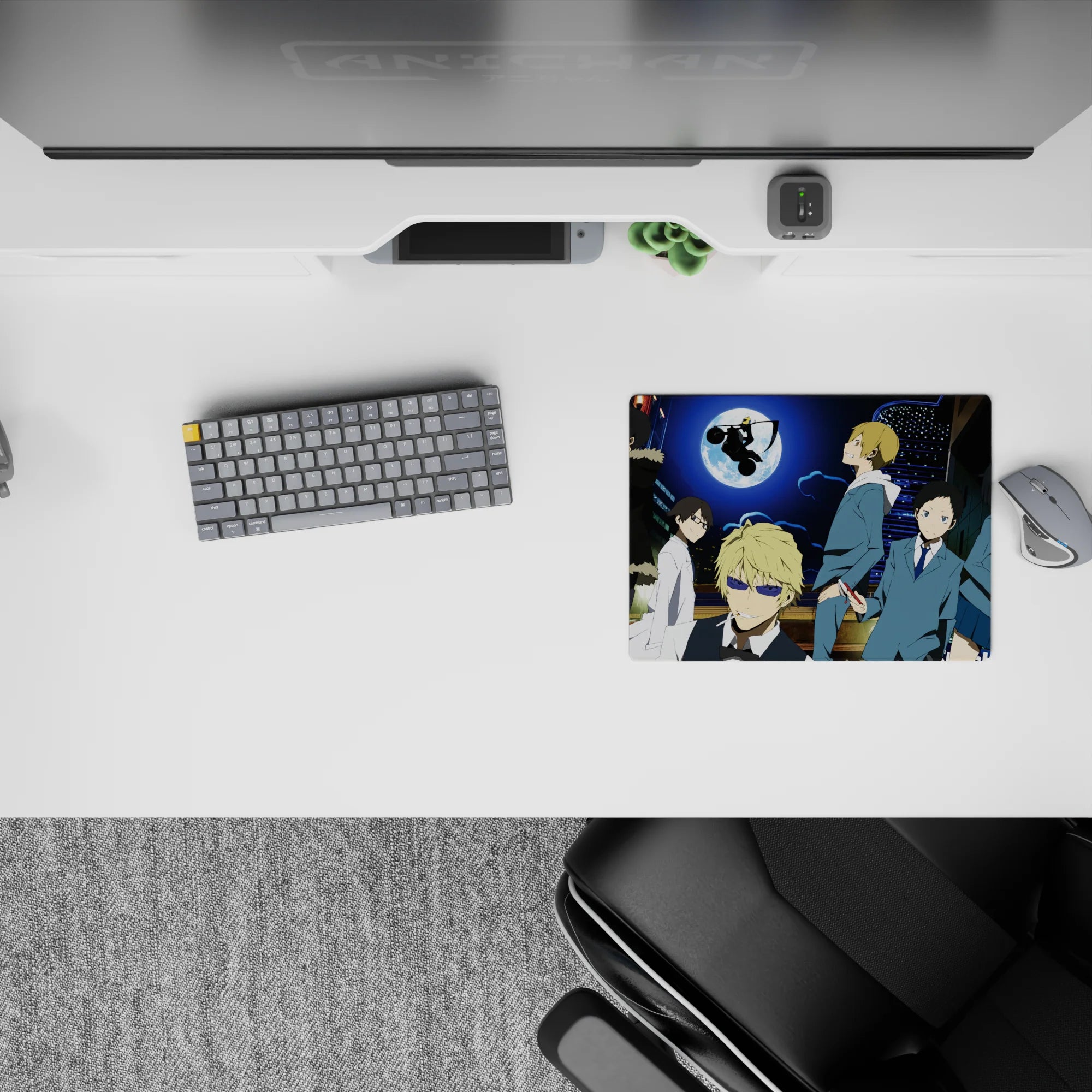 Anime mouse pad 14x10 inches in electric blues and lime neon, edgy cyberpunk night mood.