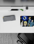 Anime mouse pad 14x10 inches in electric blues and lime neon, edgy cyberpunk night mood.
