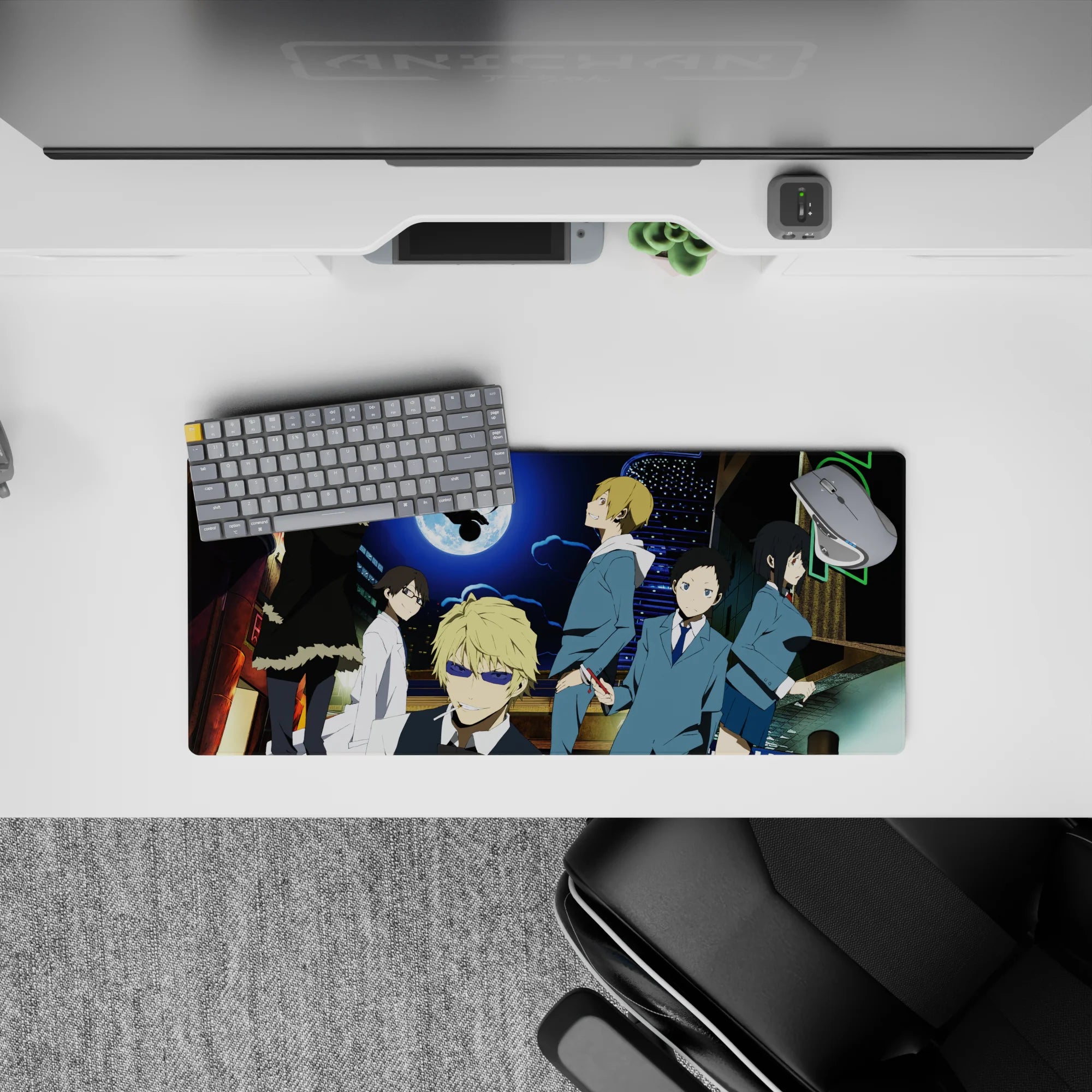 Electric blue and lime neon anime mouse pad 28x12 inches with edgy night mood, chaos, and clean layout.