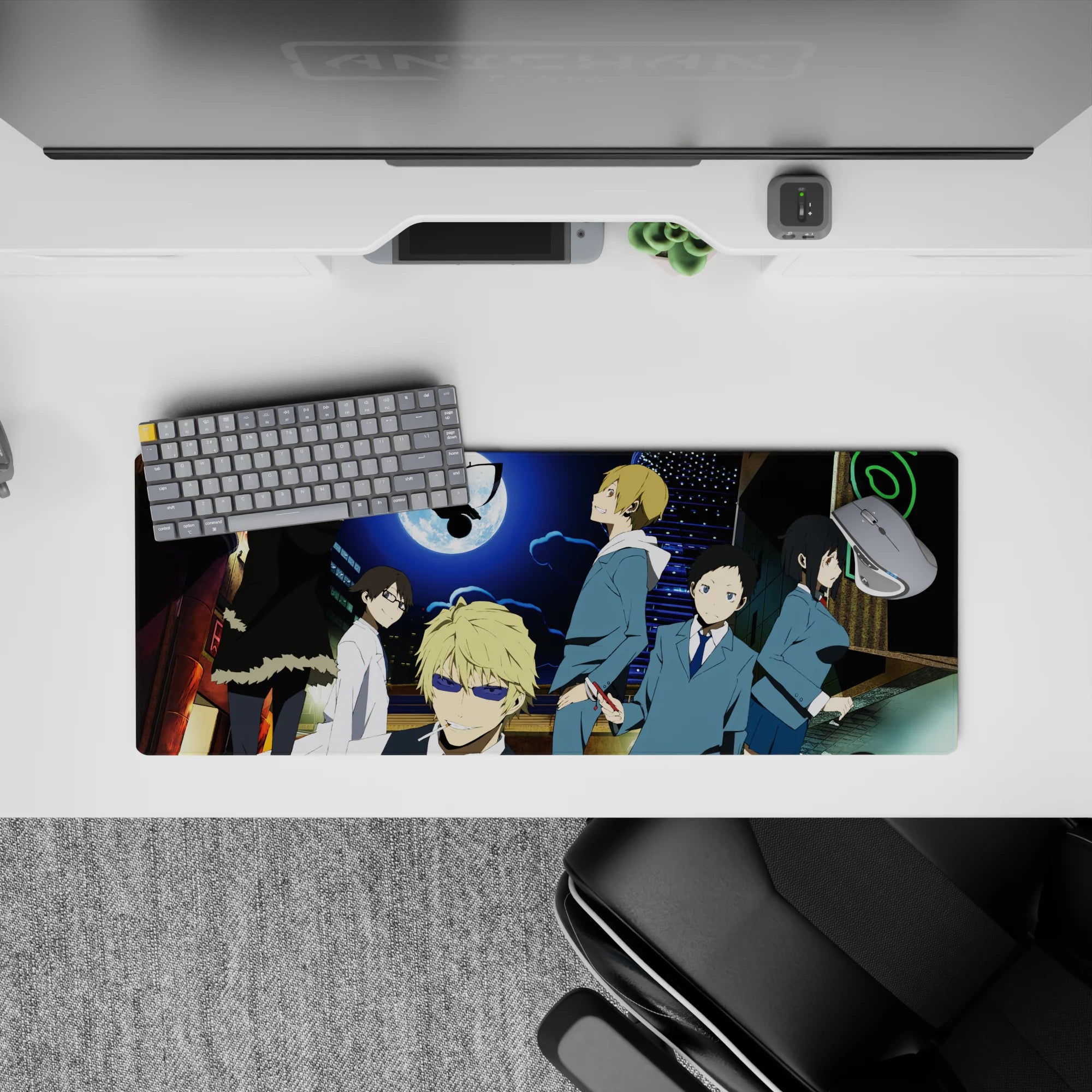Electric blues and lime neon anime mouse pad 32x12 inches, edgy cyber street vibe under a big moon.