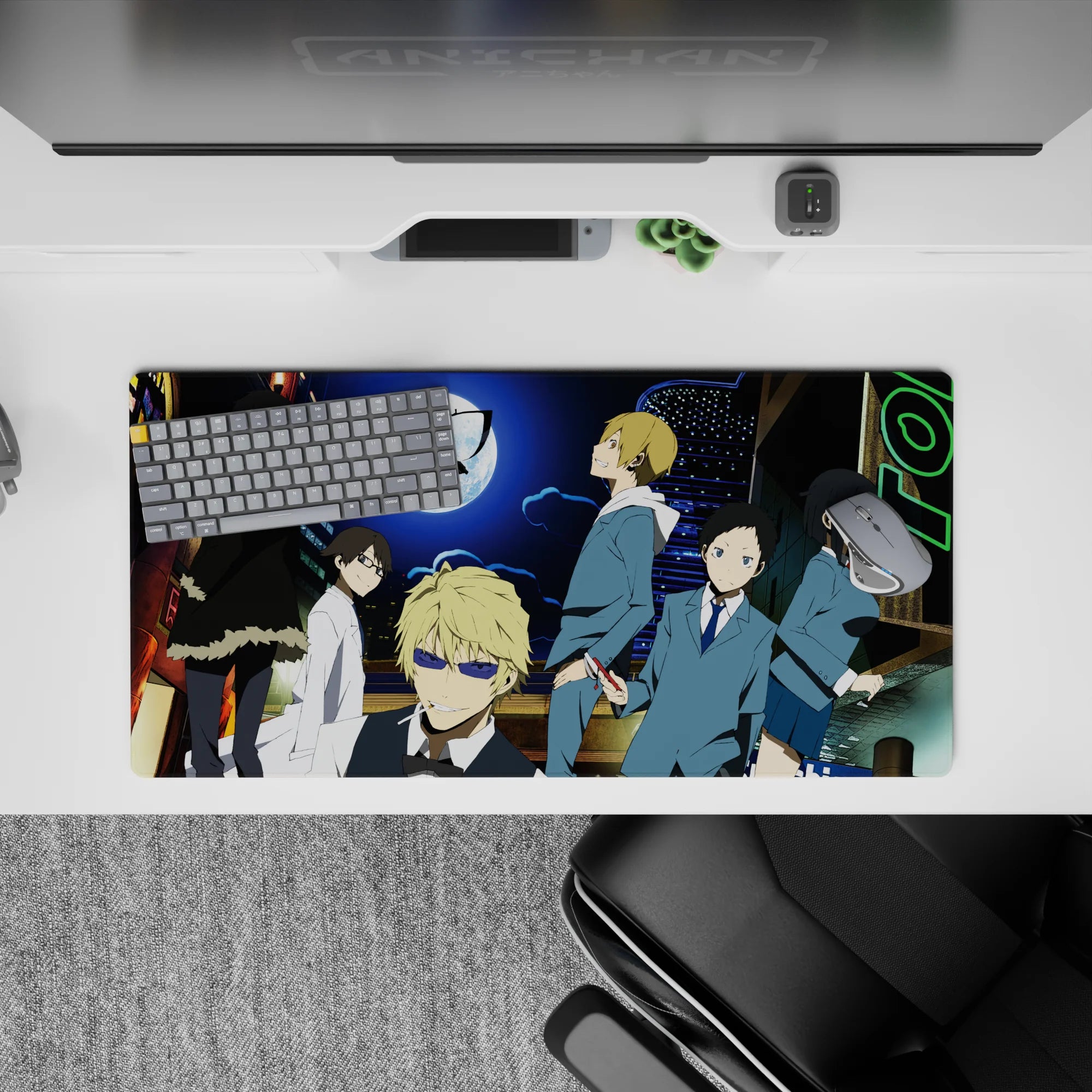 Electric blue and lime neon anime mouse pad 32x16 inches, edgy cyber street mood under a giant moon.