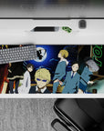 Electric blue and lime neon anime desk pad 36x16 inches, edgy night mood with moonlit street chaos.