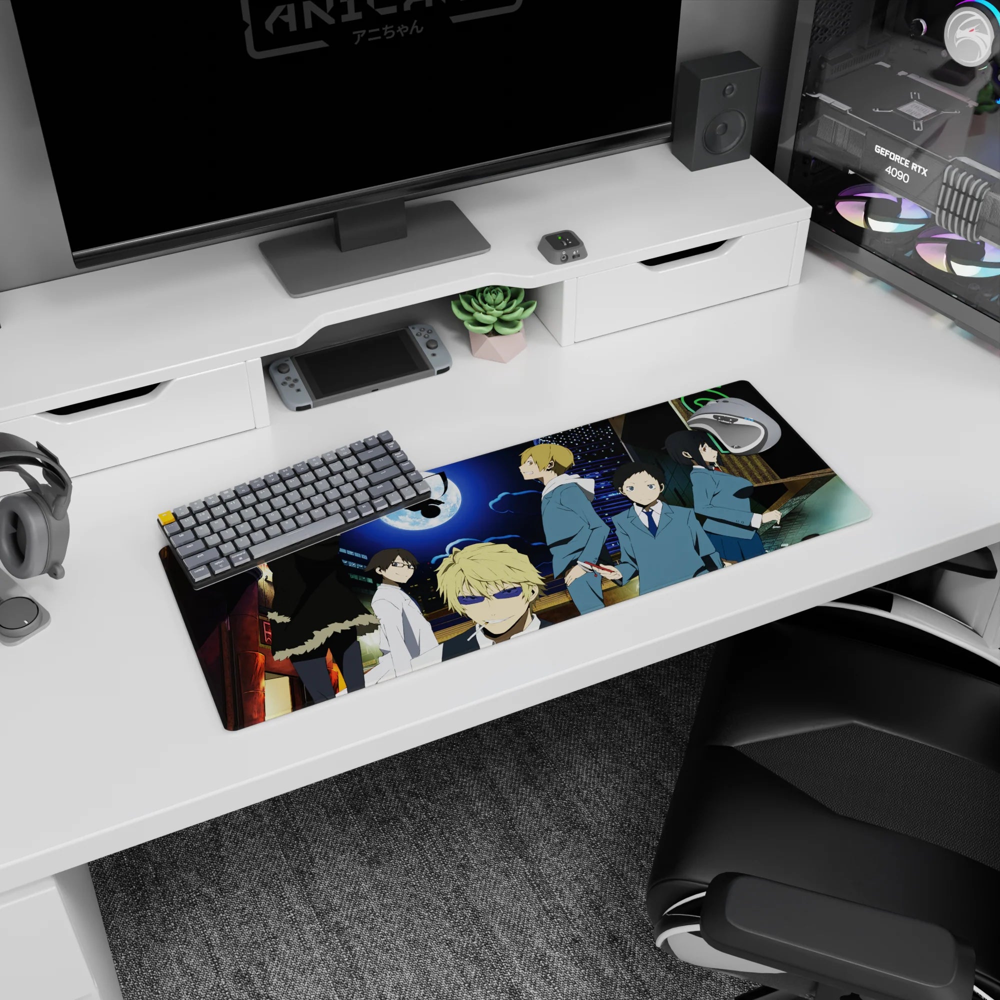 Blond smirking lead in fur-trimmed coat anime mouse pad 32x12 inches, classmates behind, neon skyline.