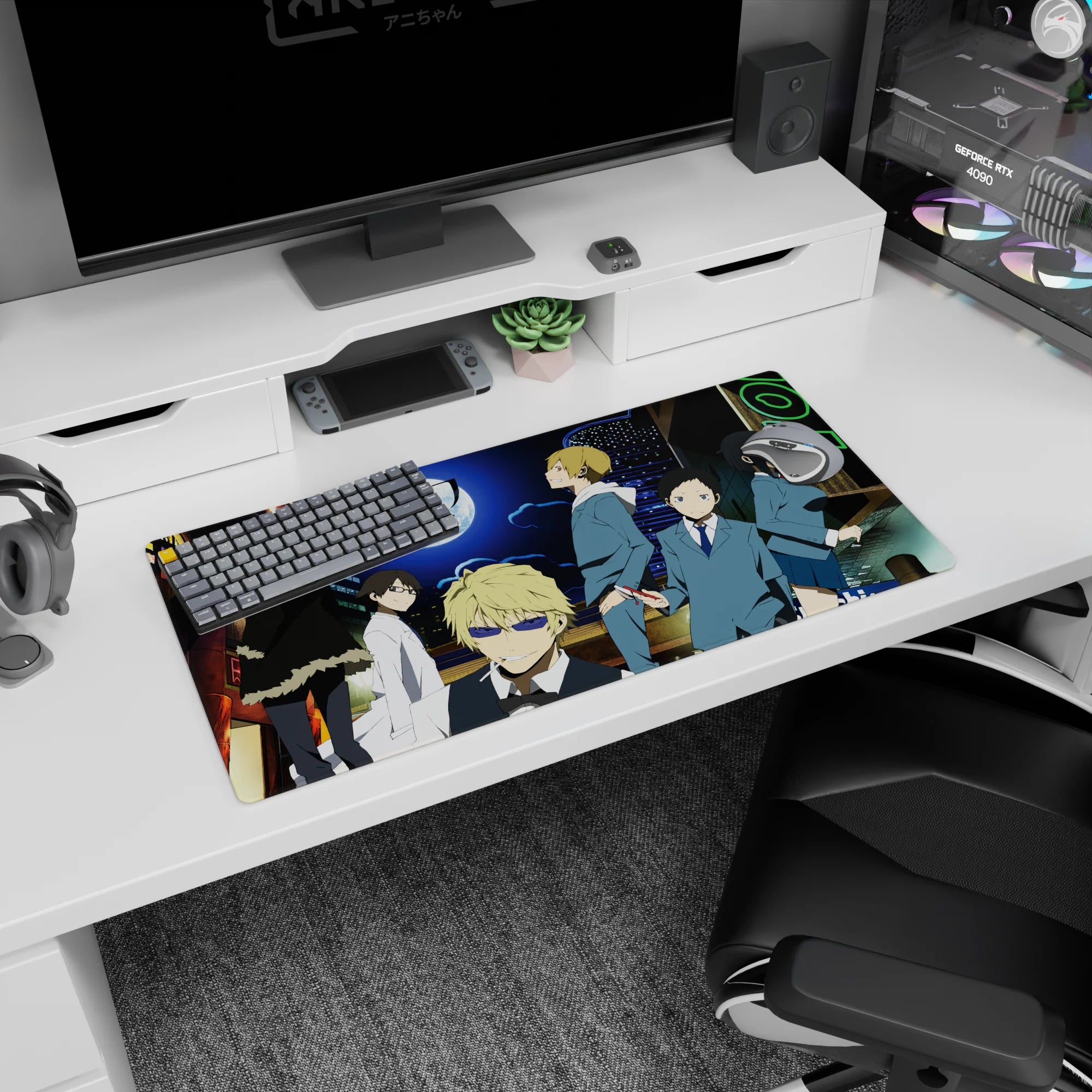 Blond smirking lead in fur-trim coat on anime mouse pad 32x16 inches, with quiet stares and bikes.