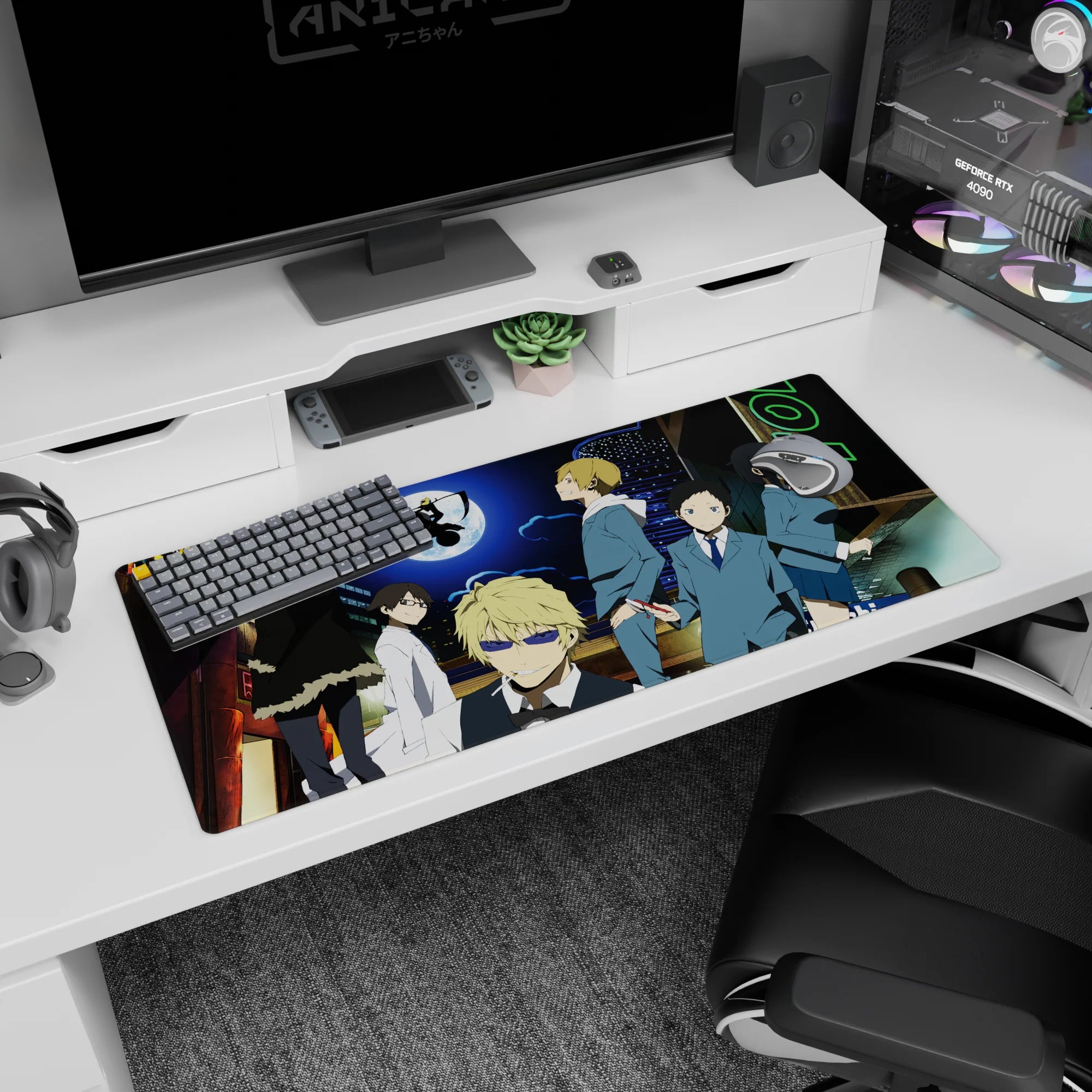 Blond smirking anime lead in fur-trim coat on desk pad 36x16 inches, backed by quiet stares and neon.