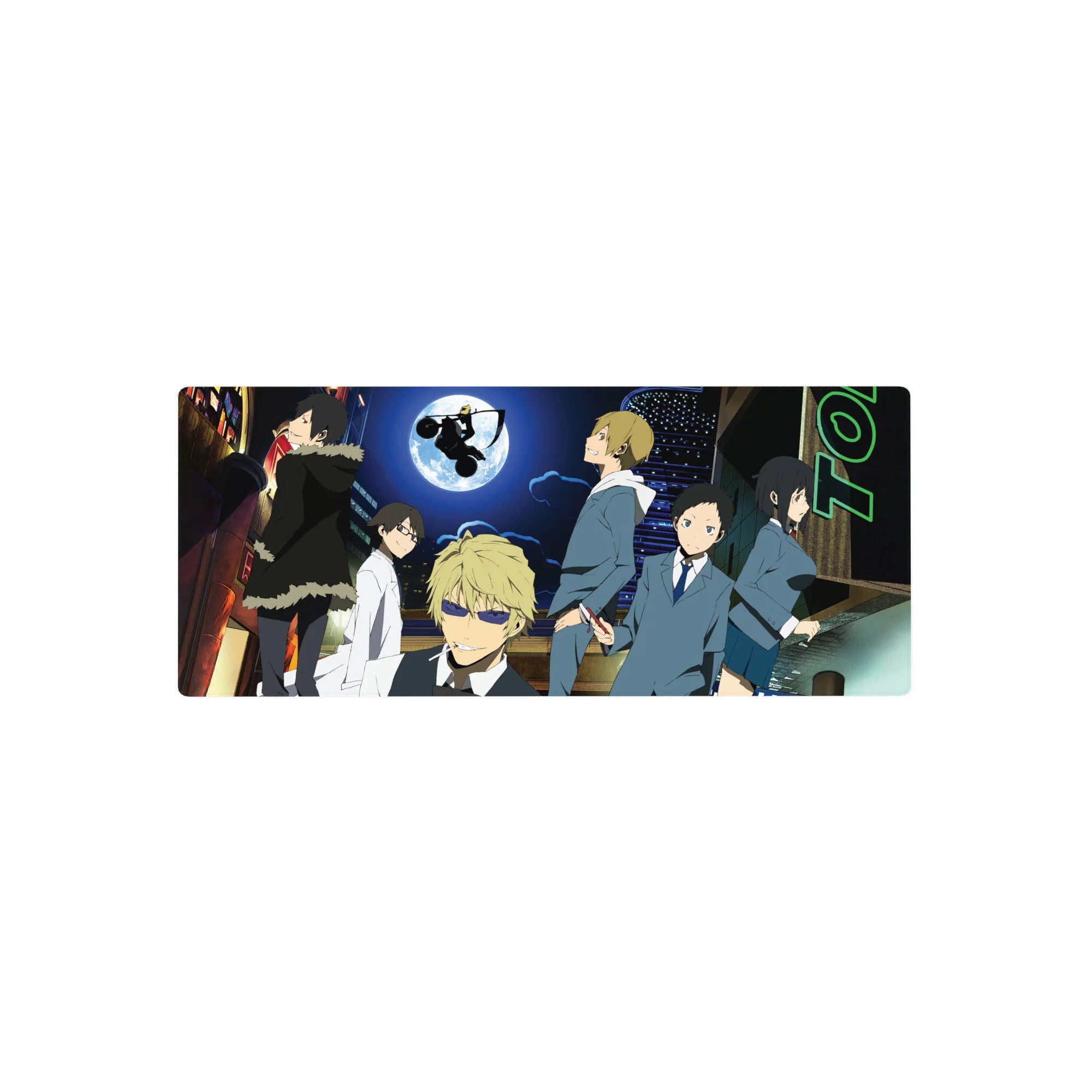 Neon city night anime mouse pad 28x12 inches with huge moon, biker silhouette, and sharp-suited cast.