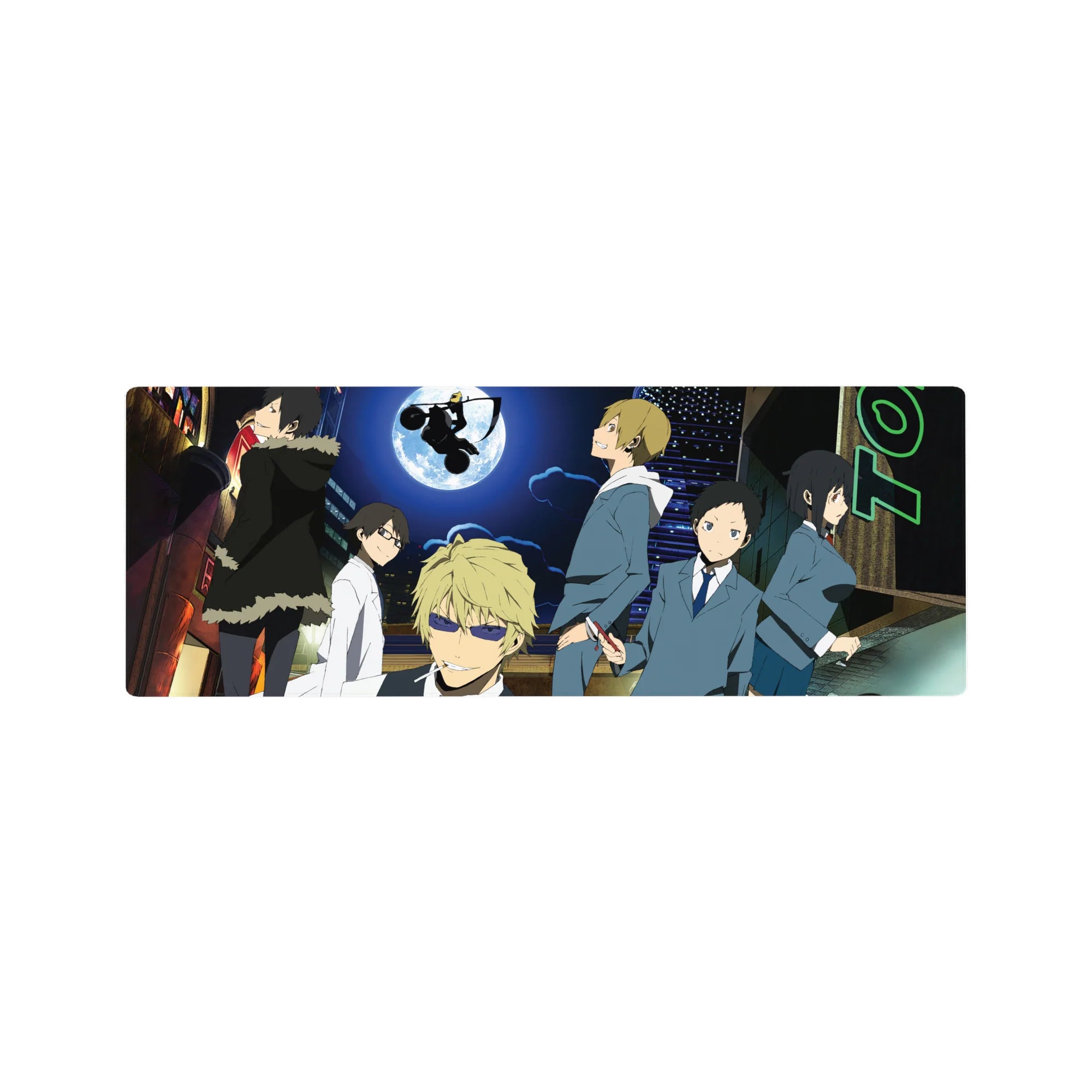 Neon city night anime mouse pad 32x12 inches with huge moon, biker silhouette, and sharp-suited cast.