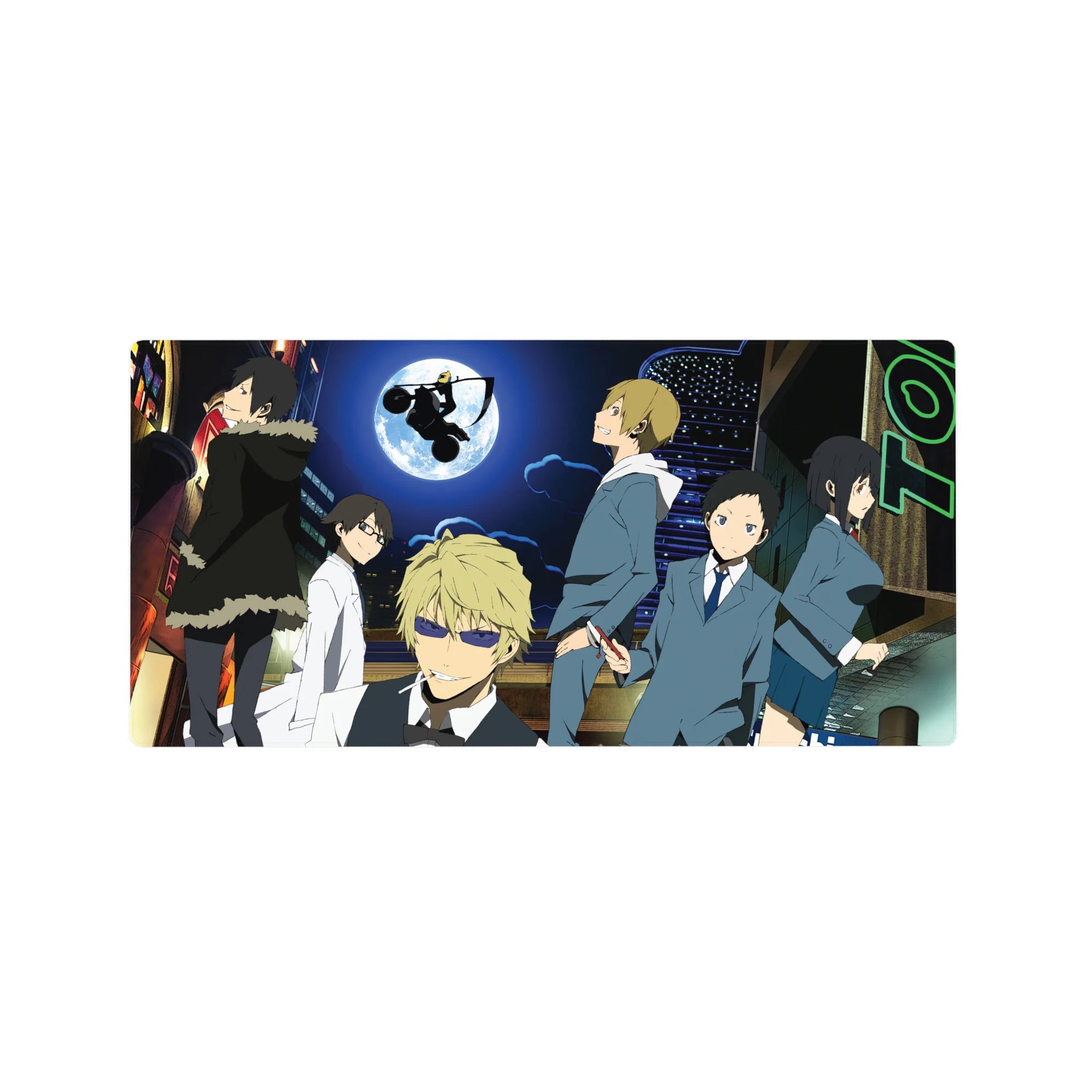 Neon city night anime mouse pad 32x16 inches with huge moon, biker silhouette, and sharp-suited crew.