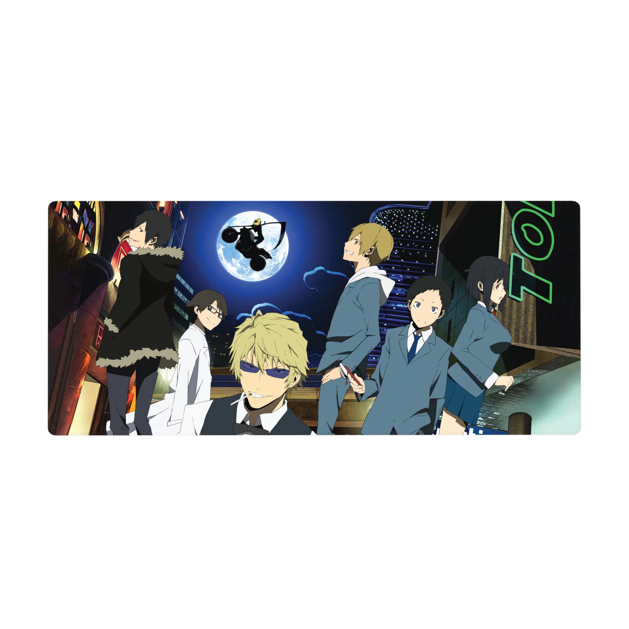 Neon city night anime desk pad 36x16 inches with huge moon, biker silhouette, and sharp-suited crew.